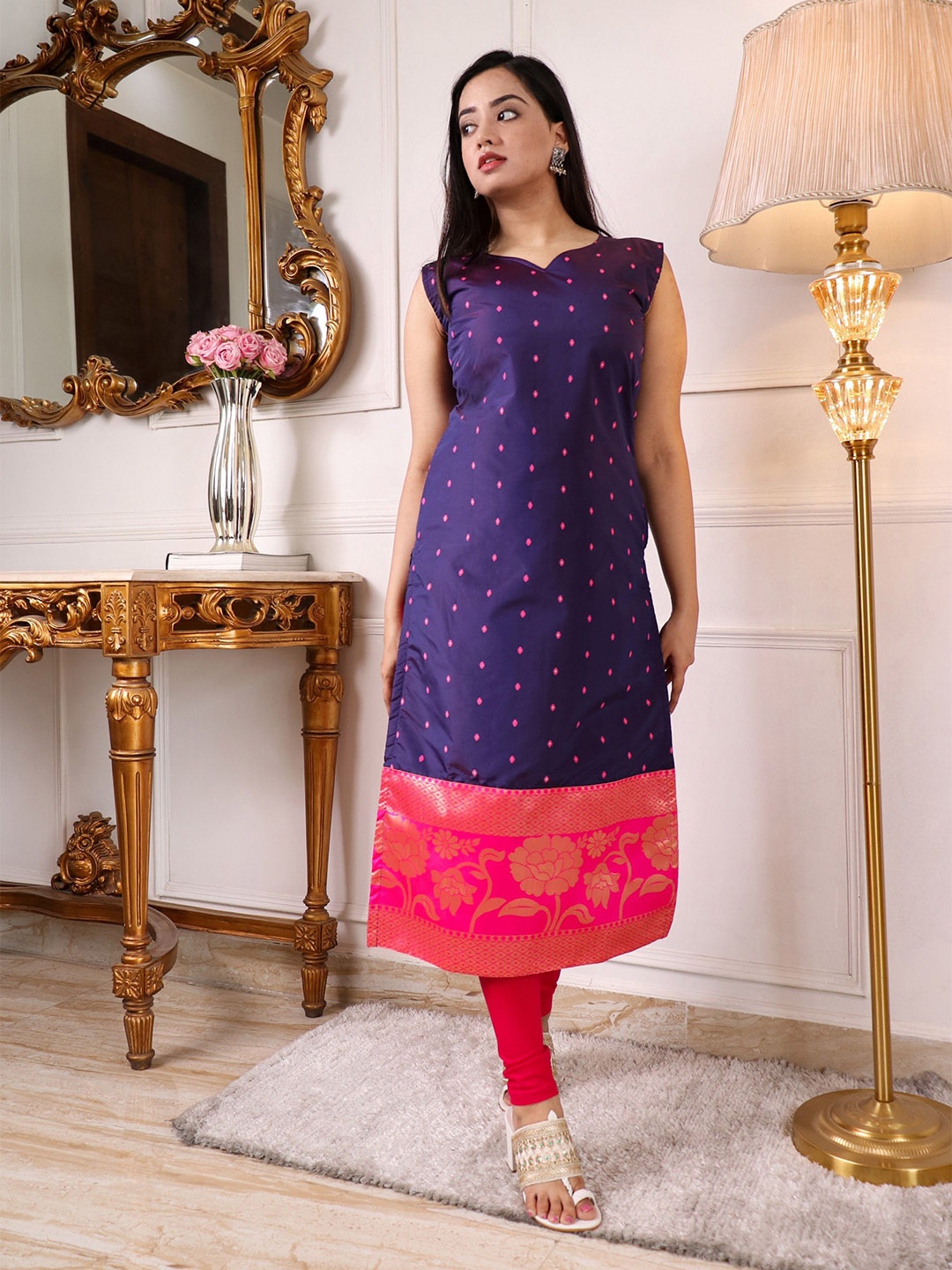 

KALINI Ethnic Motifs Printed Sleeveless Straight Kurta, Navy blue