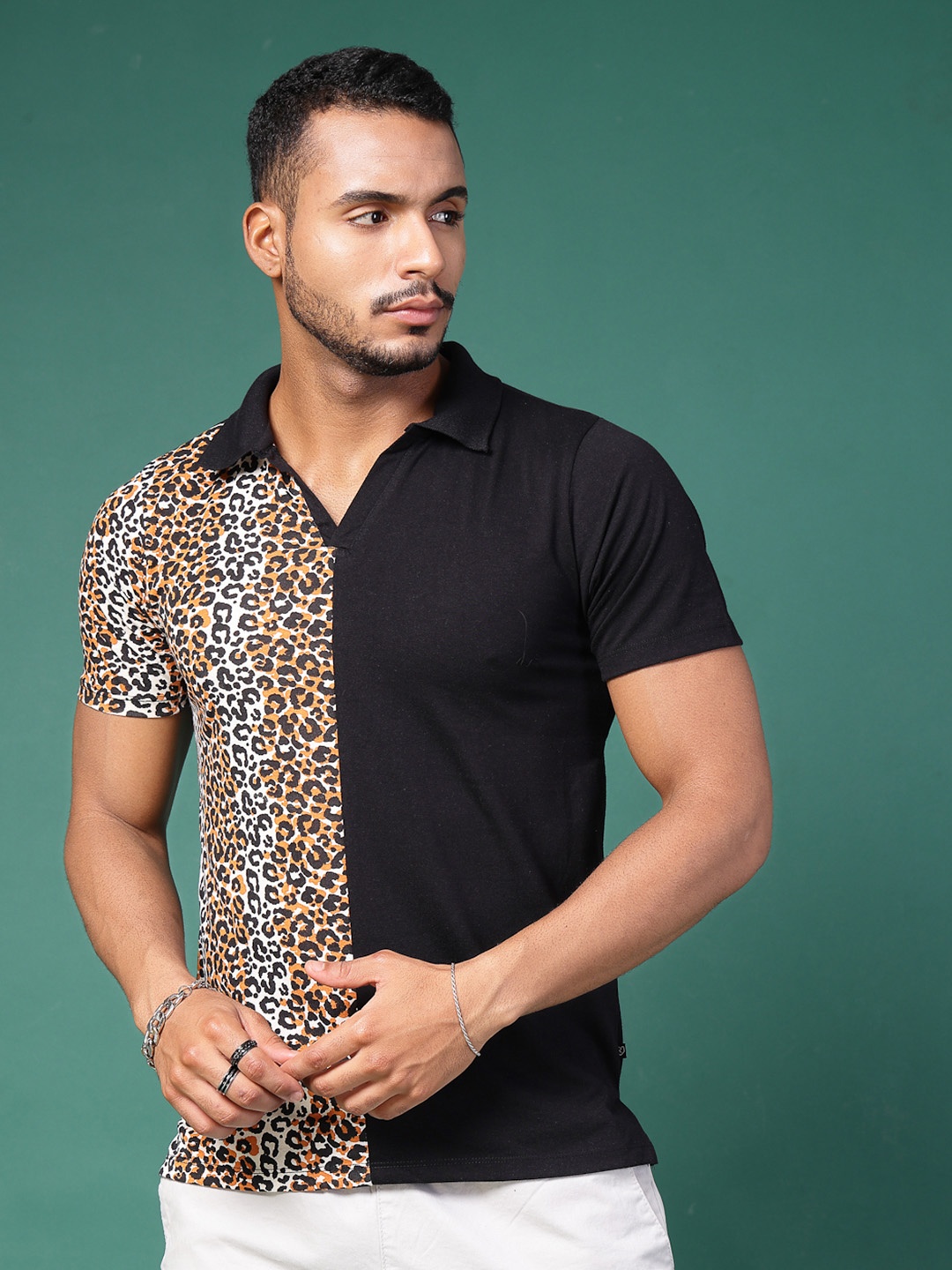 

Rigo Men Animal Skin Printed Polo Collar Slim Fit T-shirt, Black