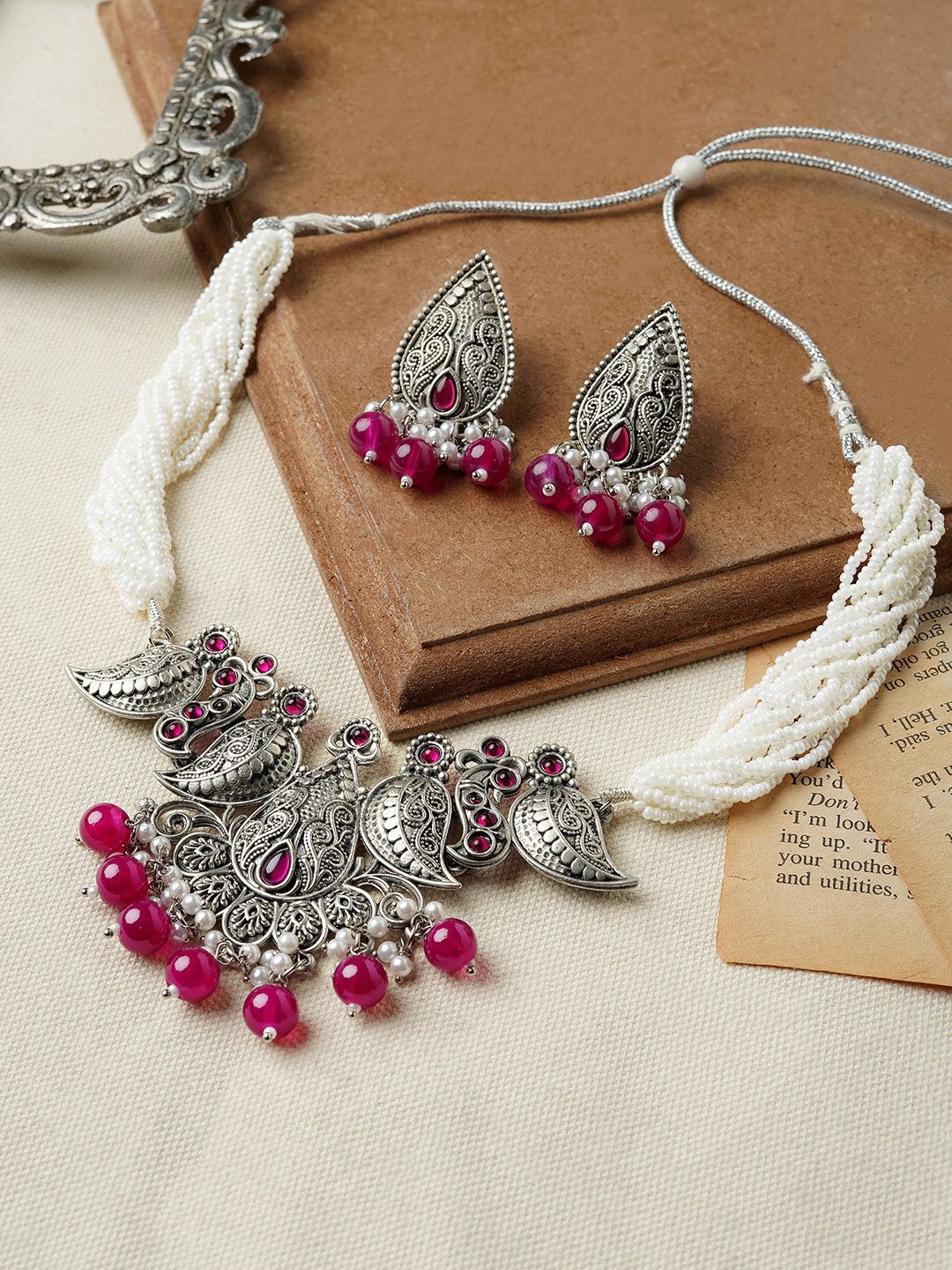 

TEEJH Ruby Studded & Beaded Jewellery Set, Silver
