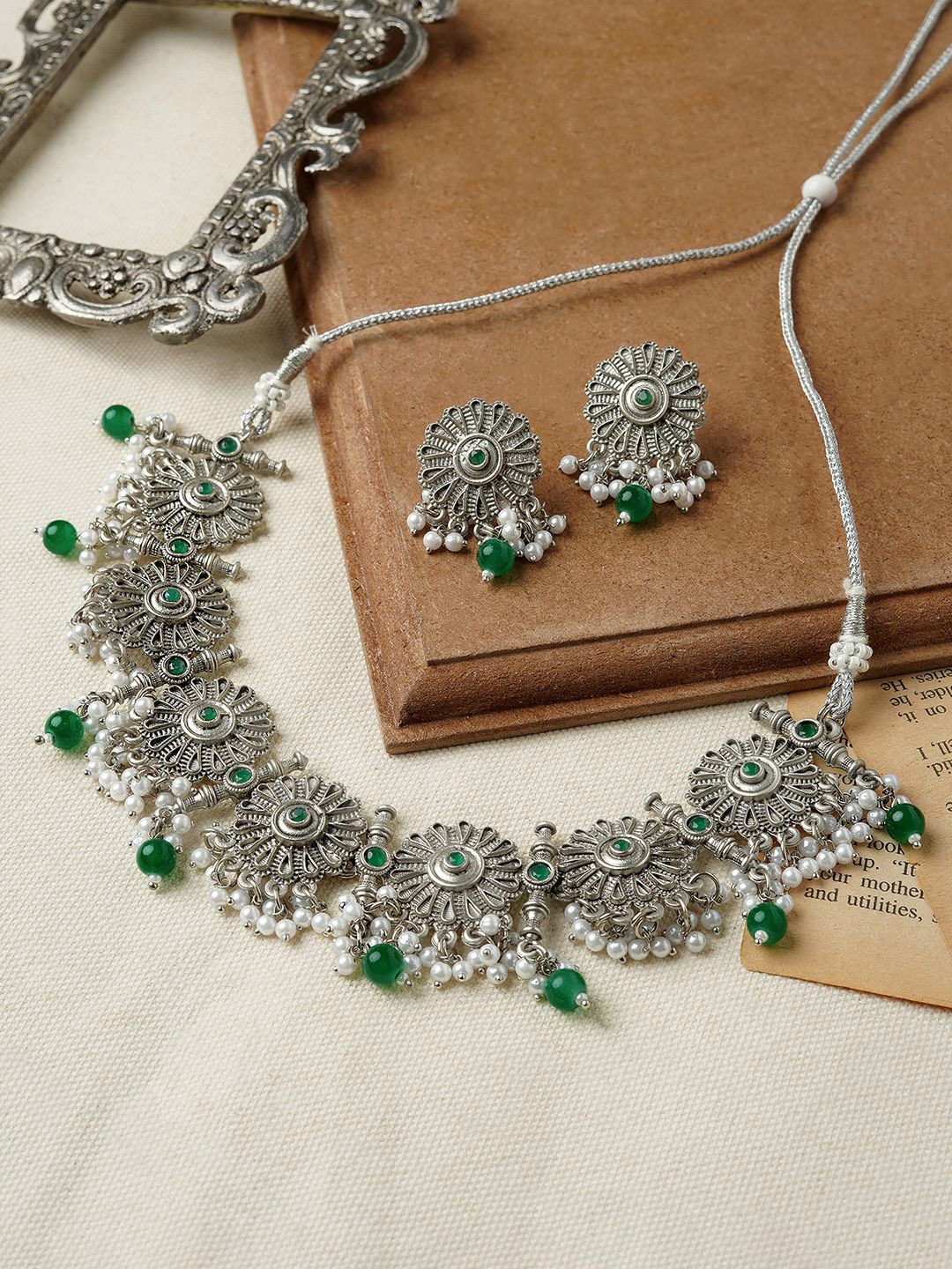 

TEEJH Oxidised Stone-Studded & Beaded Jewellery Set, Silver