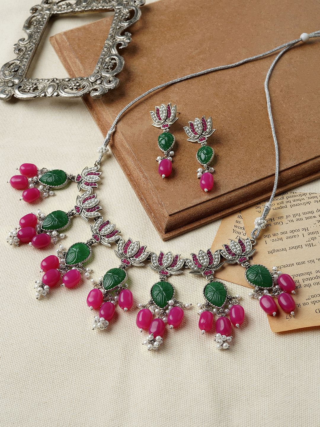 

TEEJH Oxidised Stone-Studded & Beaded Jewellery Set, Silver