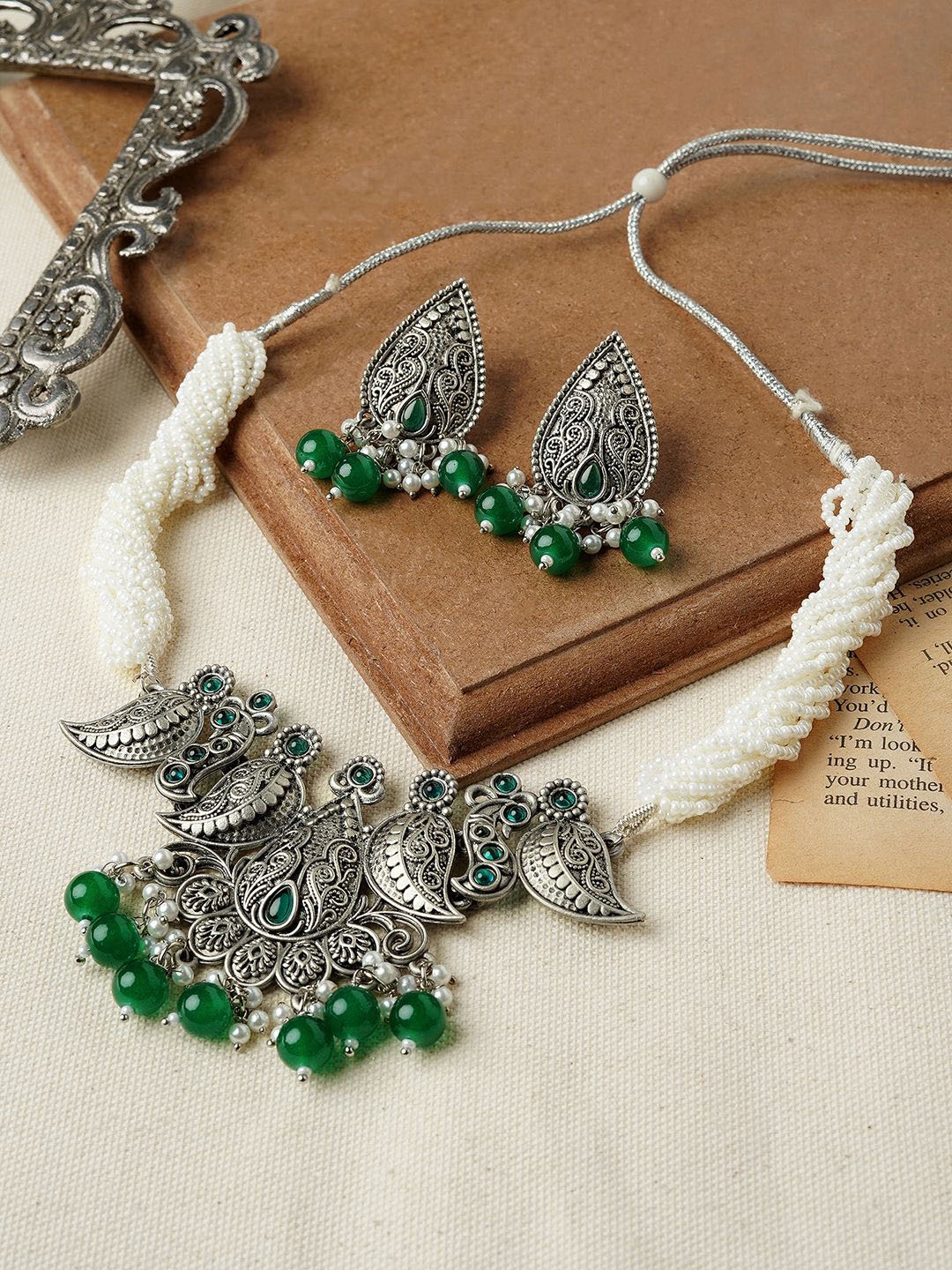 

TEEJH Oxidised Stone-Studded & Beaded Jewellery Set, Silver