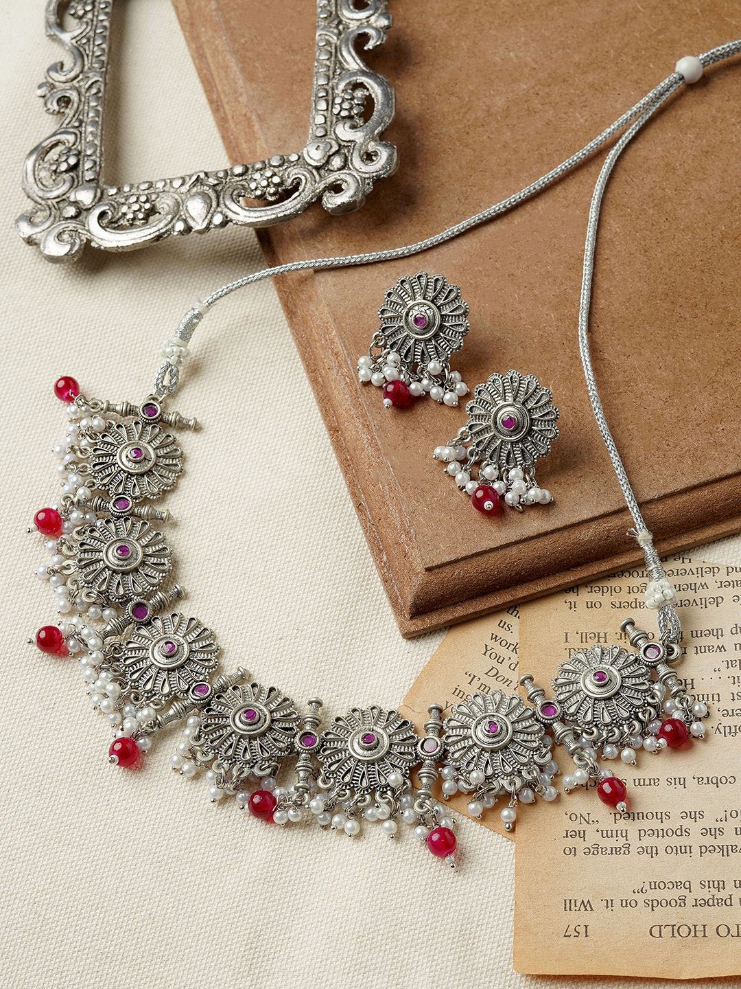 

TEEJH Oxidised Stone-Studded & Beaded Jewellery Set, Silver