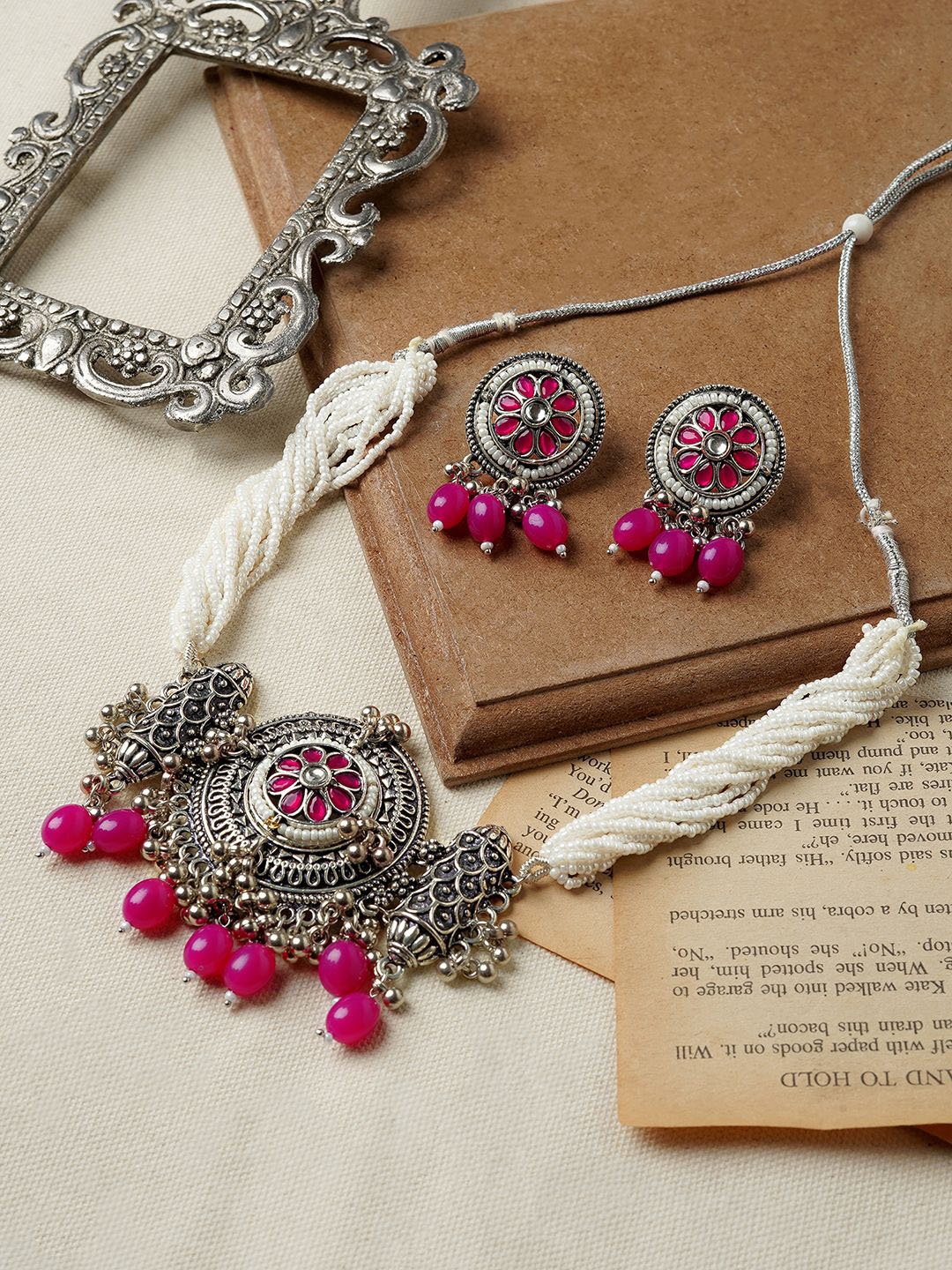 

TEEJH Oxidised Stone-Studded & Beaded Jewellery Set, Silver