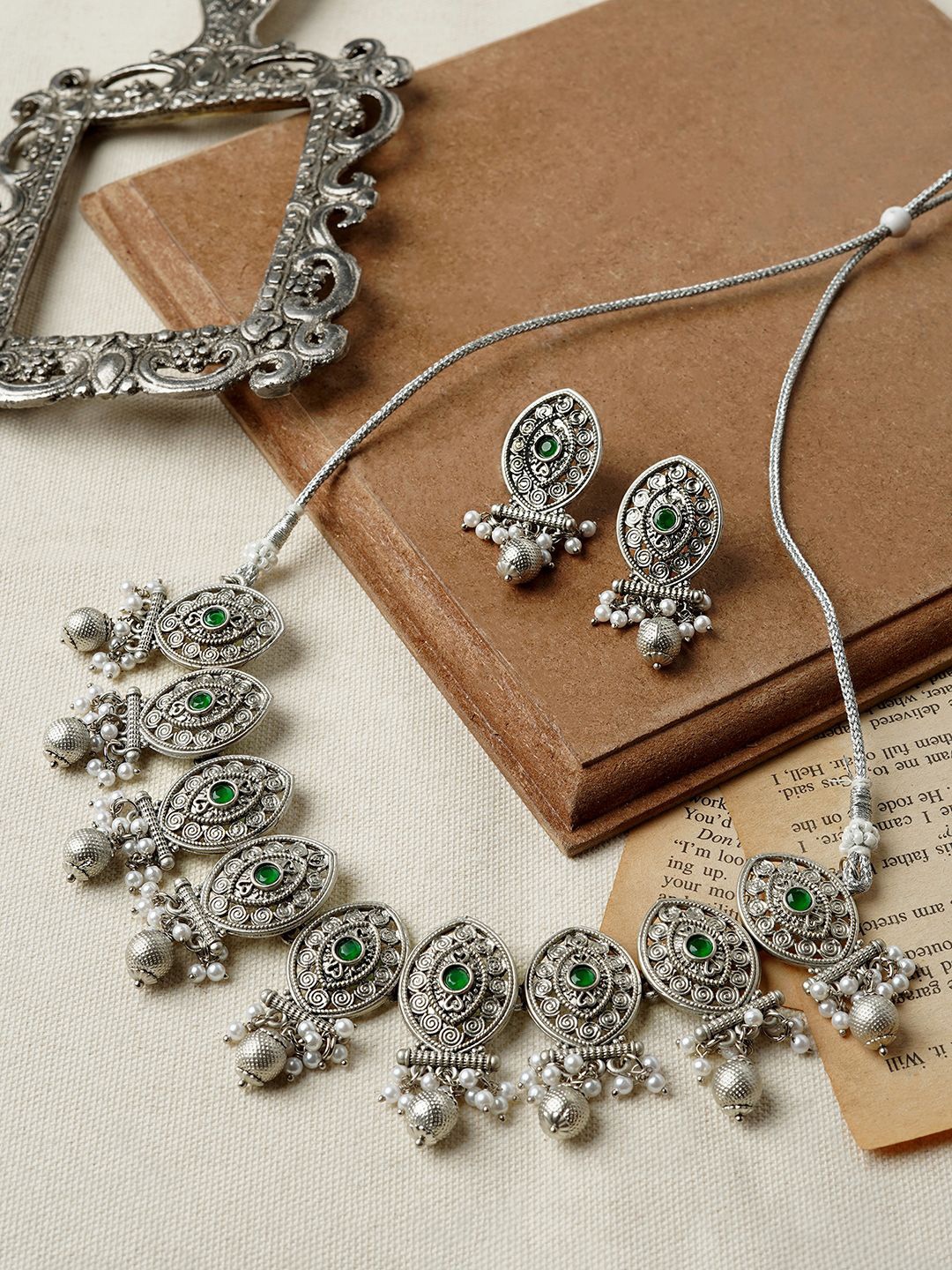 

TEEJH Oxidised Stone Studded & Beaded Jewellery Set, Silver