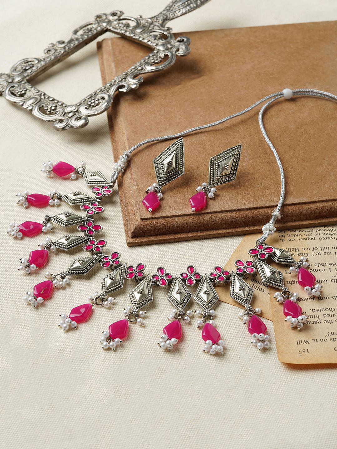 

TEEJH Oxidised Stone-Studded & Beaded Jewellery Set, Silver