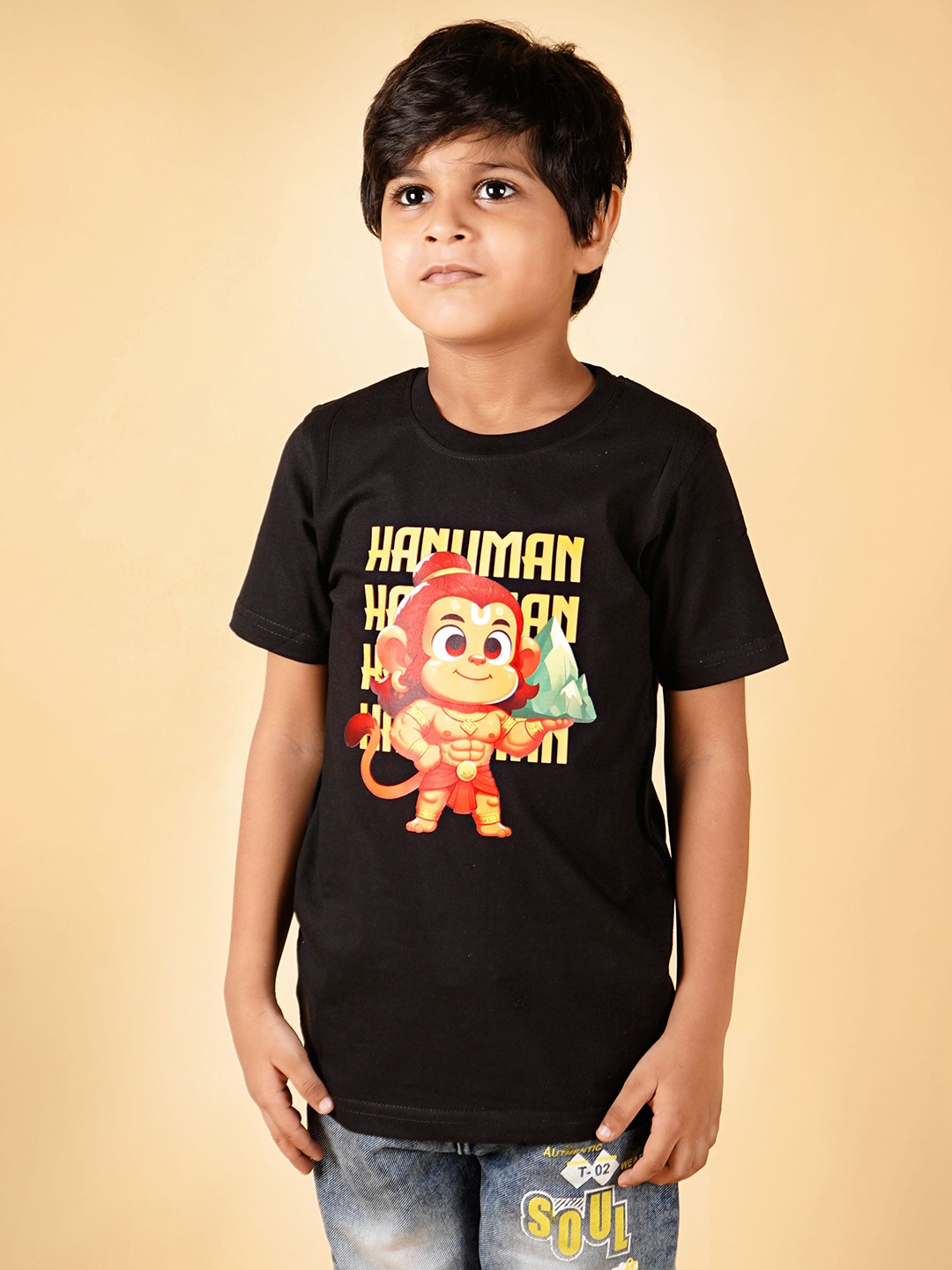 

PRABHUBHAKTI Kids Printed Bio Finish Applique T-shirt, Black