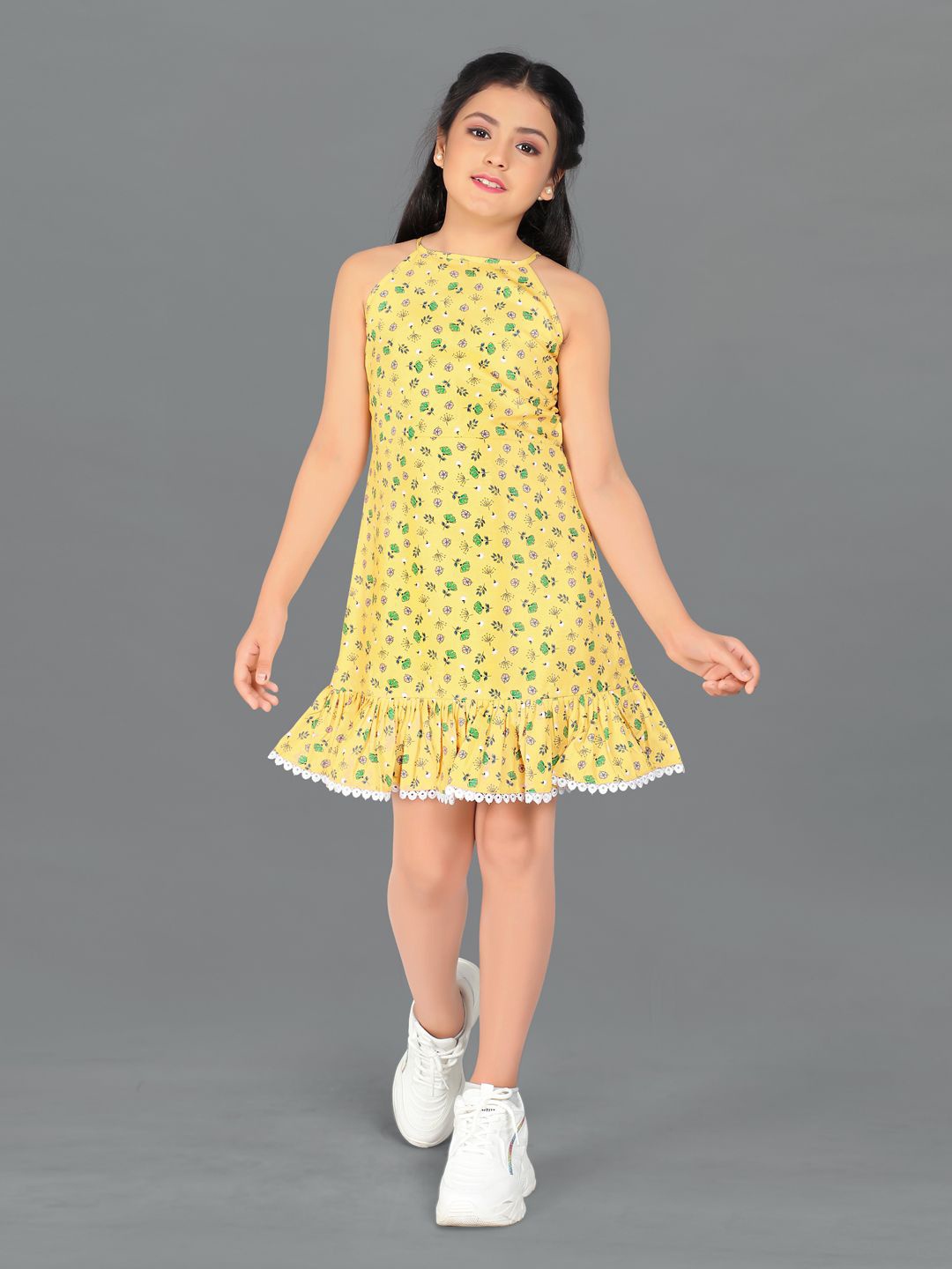 

FASHION DREAM Girls Floral Printed Satin Drop Waist Dress, Yellow