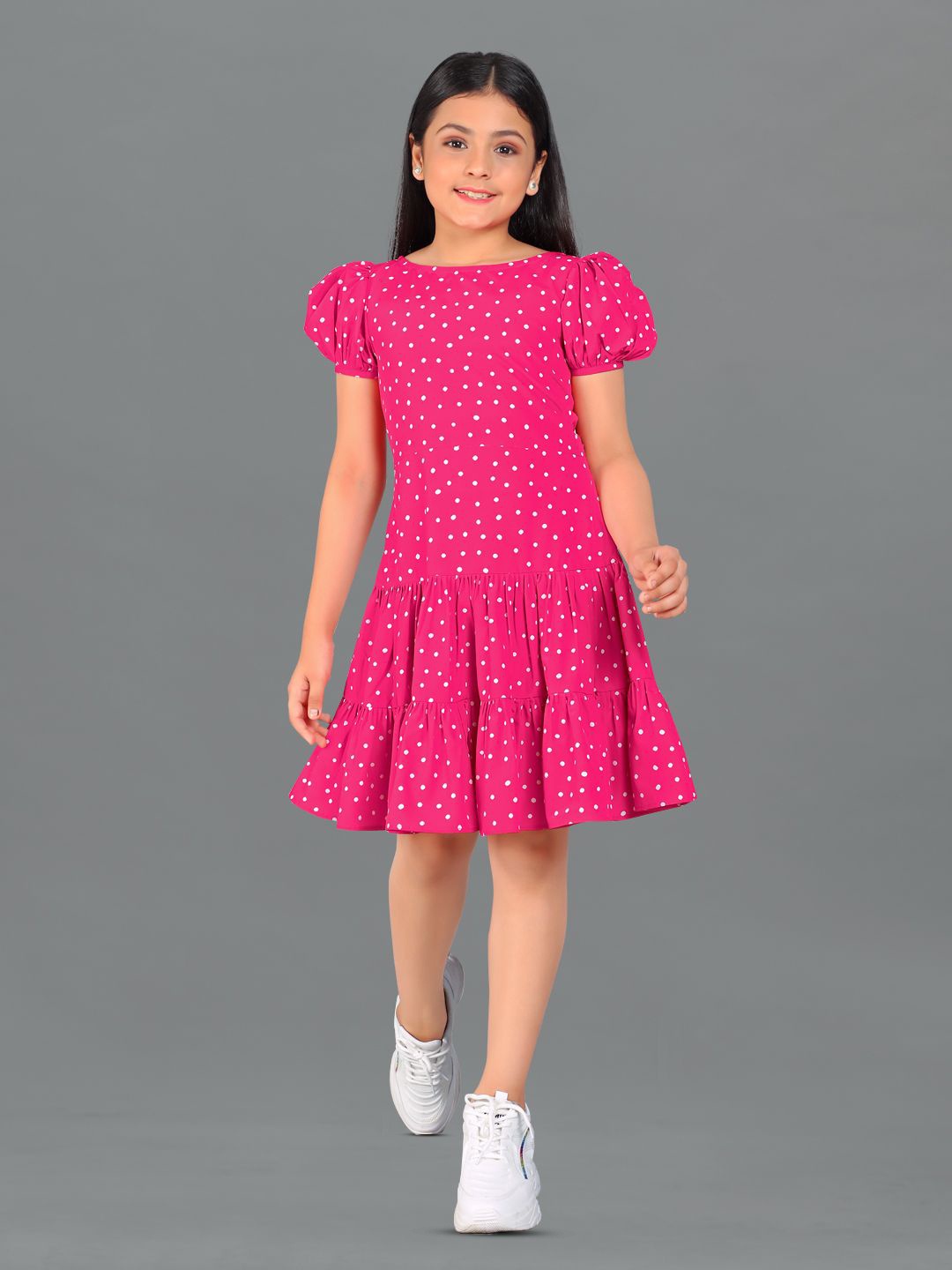 

FASHION DREAM Girls Polka Dot Puff Sleeve Knee Length Drop-Waist Dress, Pink