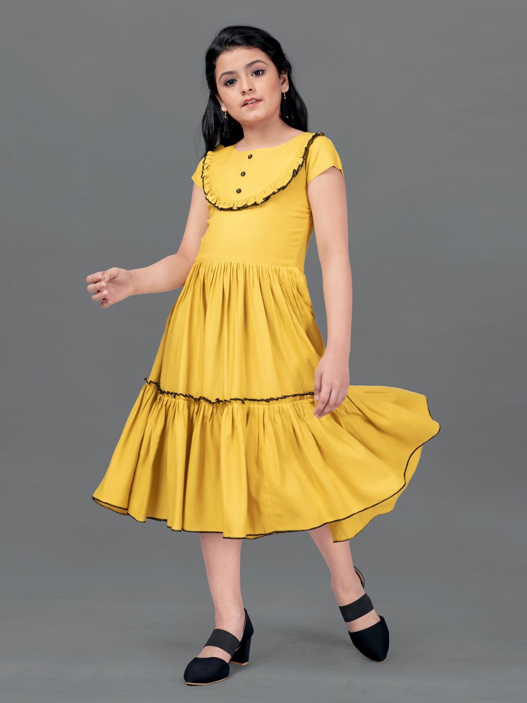 

FASHION DREAM Girls Crepe Fit & Flare Midi Dress, Mustard