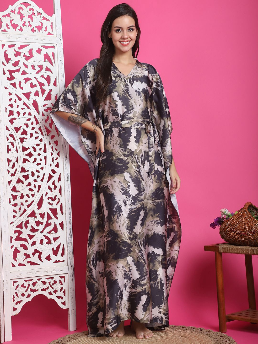 

Claura Printed Satin Maxi Kaftan Nightdress, Black