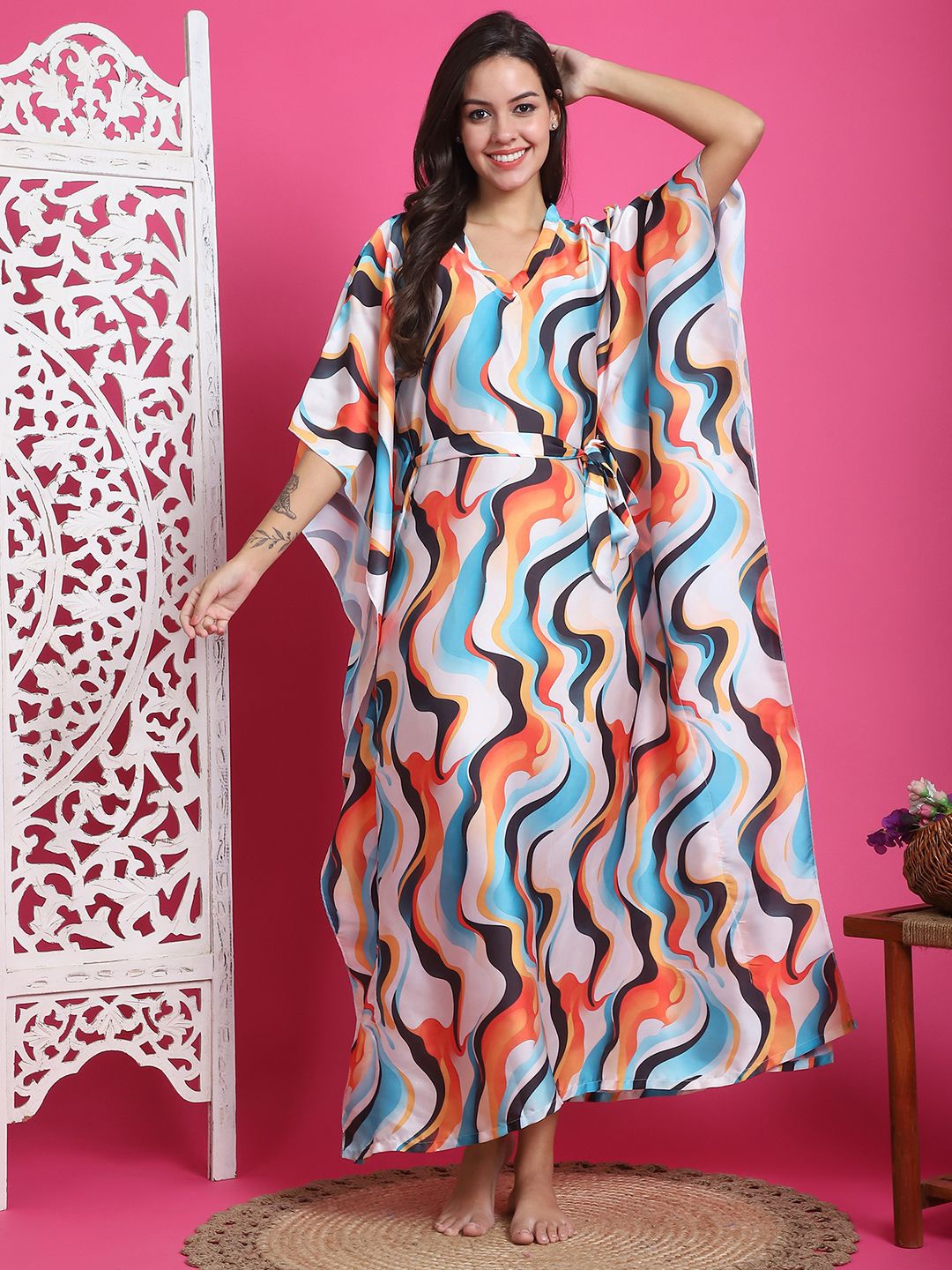 

Claura Women Printed Maxi Kaftan Nightdress, White