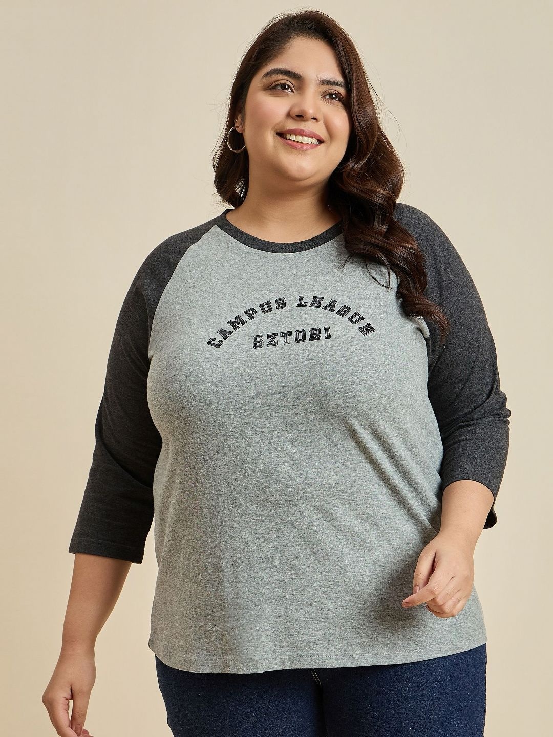 Sztori Women Typography Drop-Shoulder Sleeves Applique T-shirt, Grey melange