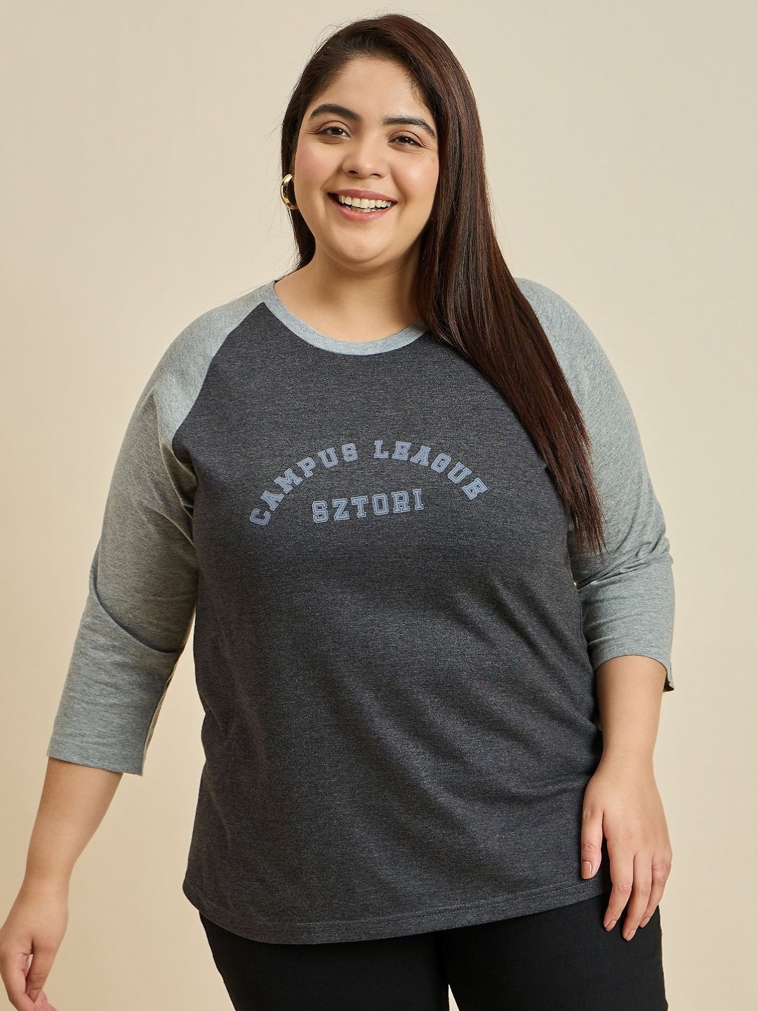 

Sztori Women Typography Three-Quarter Sleeves Raglan Sleeves Printed T-shirt, Grey