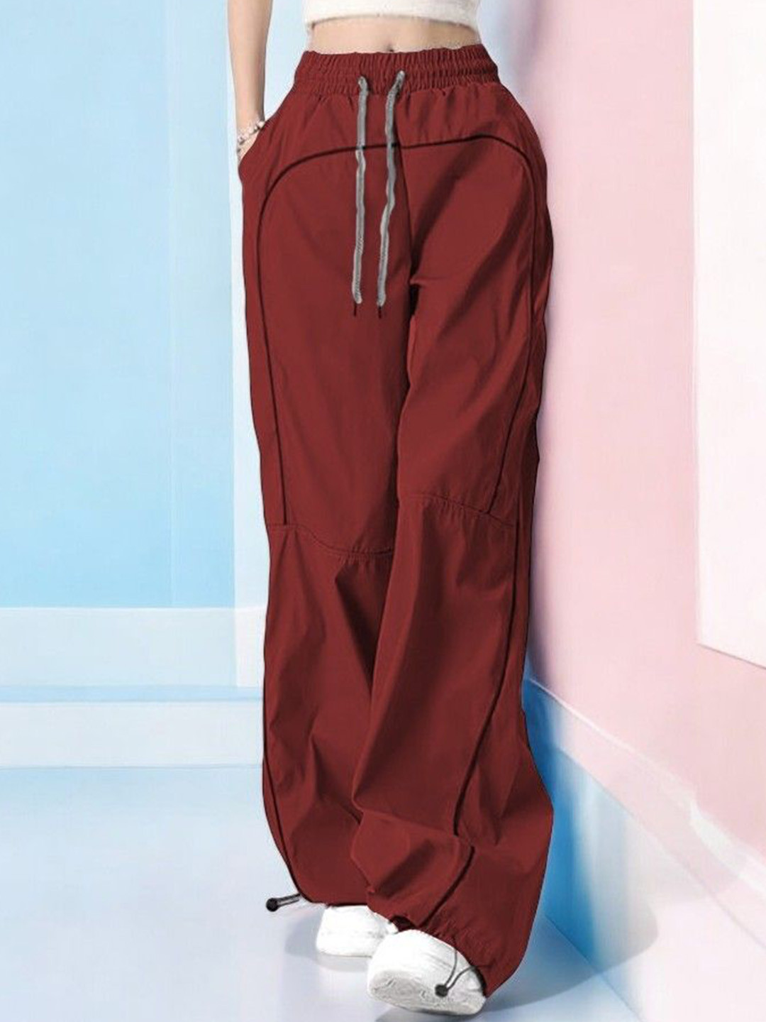 

TABADTOD Women Solid Mid- Rise Relaxed Loose Fit Easy Wash Parallel Trousers, Maroon