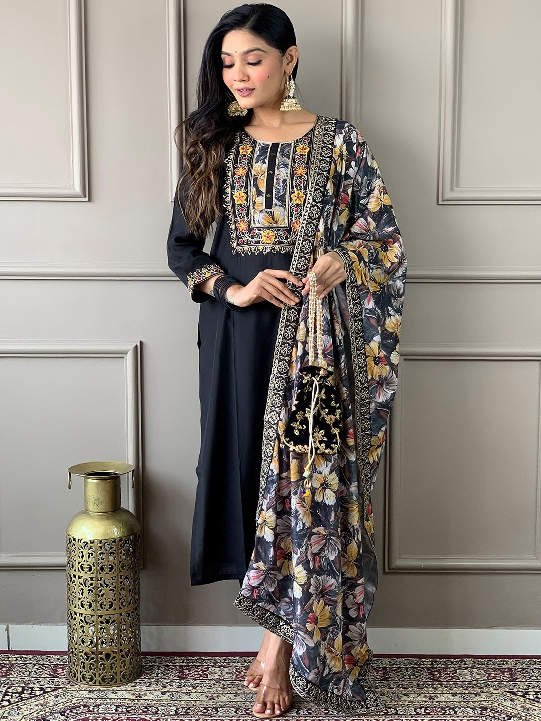 

KALINI Floral Yoke Design Thread Work Straight Kurta with Trousers & Dupatta, Black