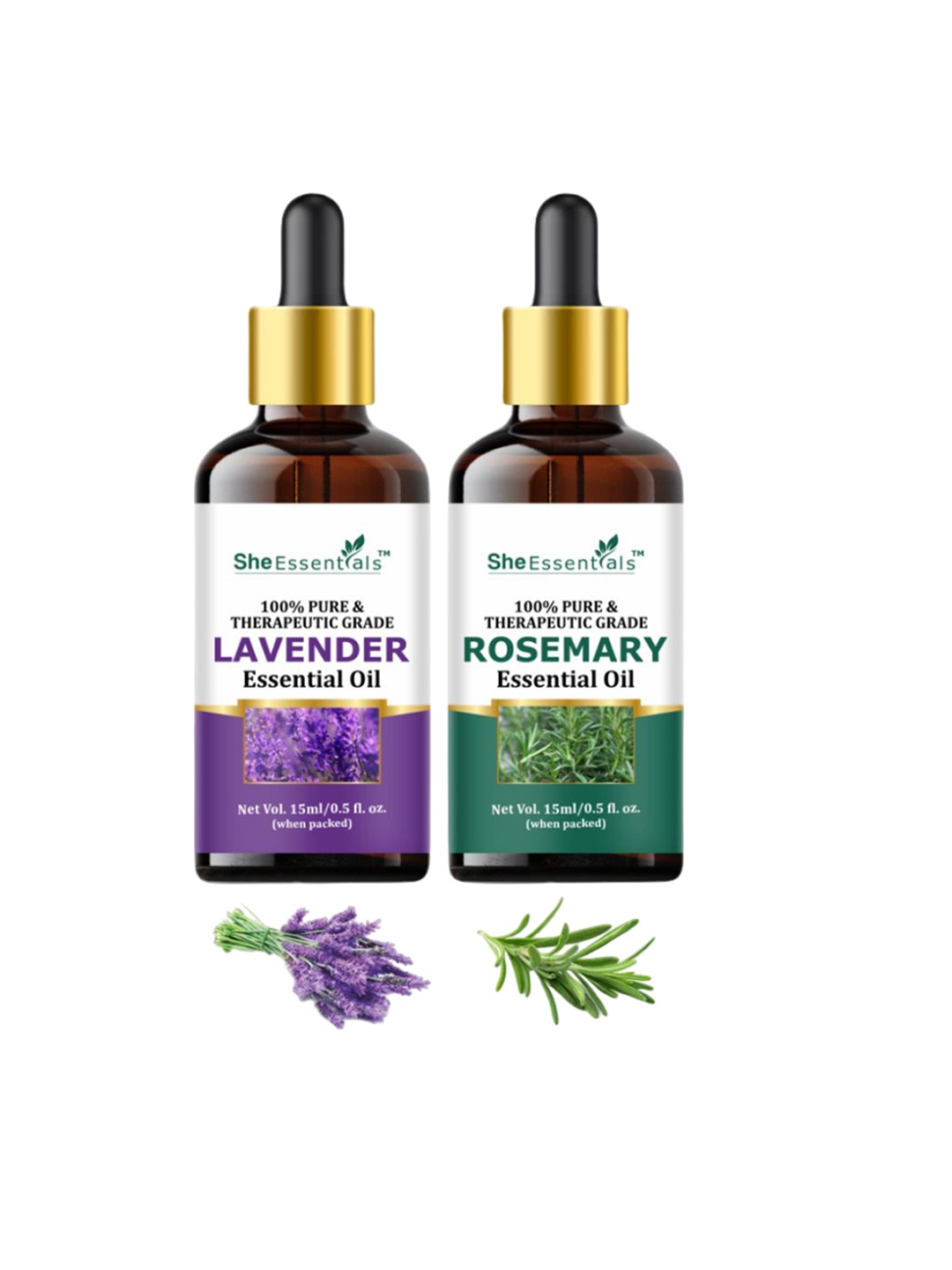 

She Essentials Set Of 2 Lavender & Rosemary Essential Oil - 15ml Each, Transparent