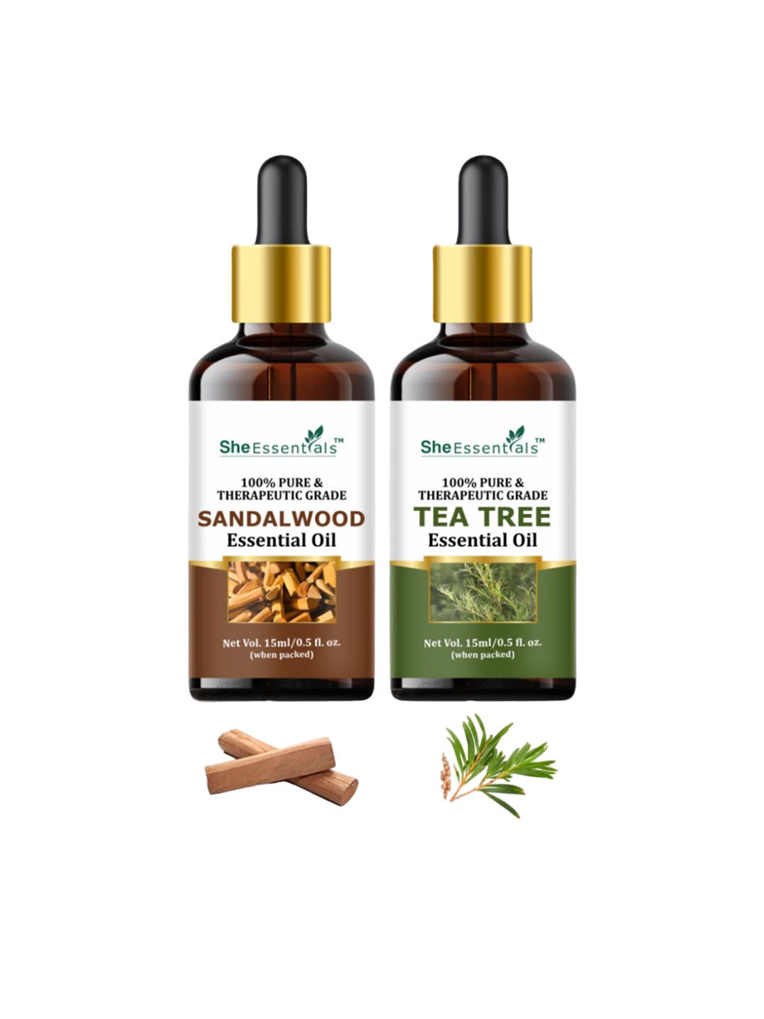 

She Essentials Set Of 2 Sandalwood & Tea Tree Essential Oil - 15ml Each, Brown
