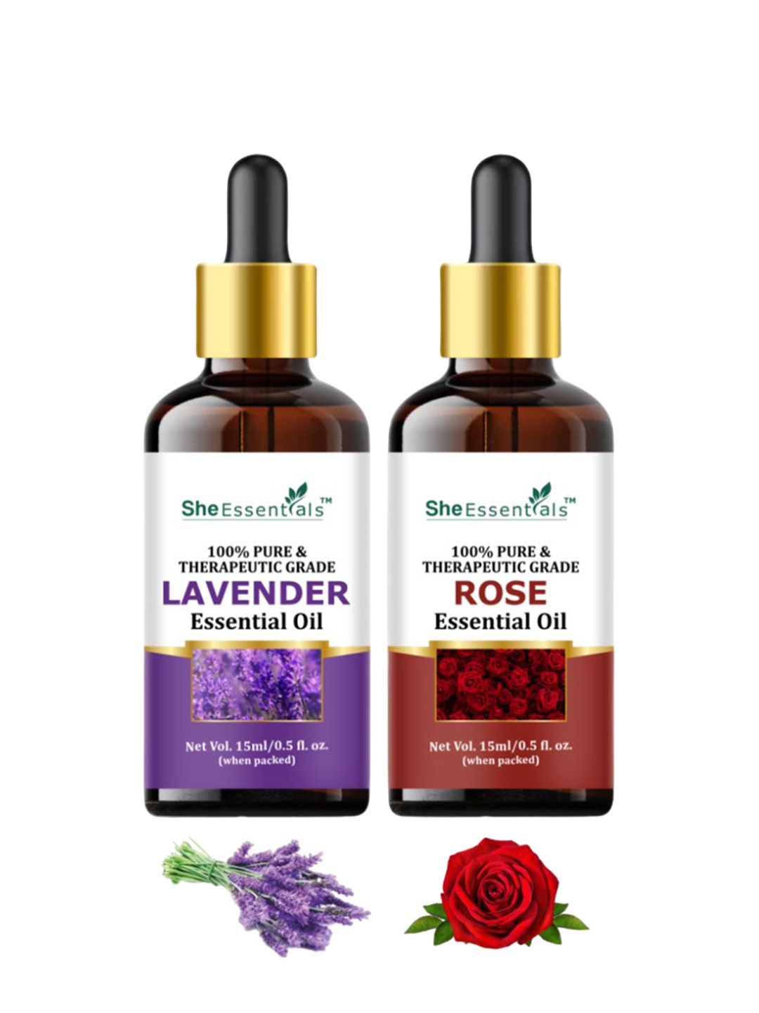 

She Essentials Set Of 2 Lavender & Rose Essential Oil - 15ml Each, Brown