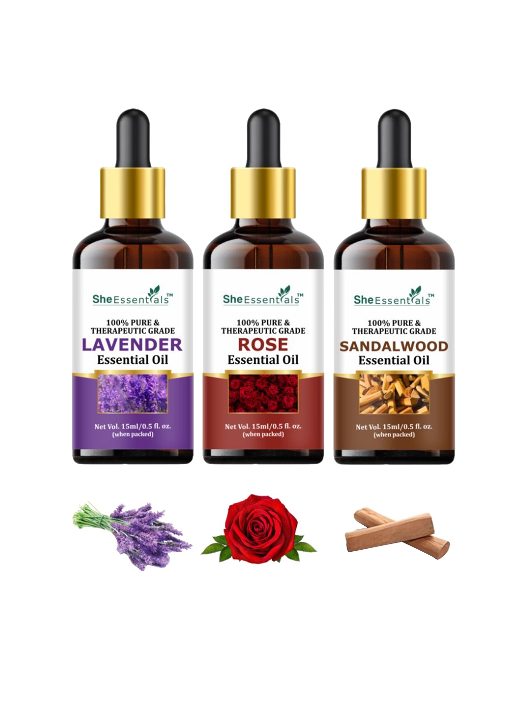 

She Essentials Set Of 3 Sandalwood Rose Lavender Essential Oil - 15ml Each, Transparent