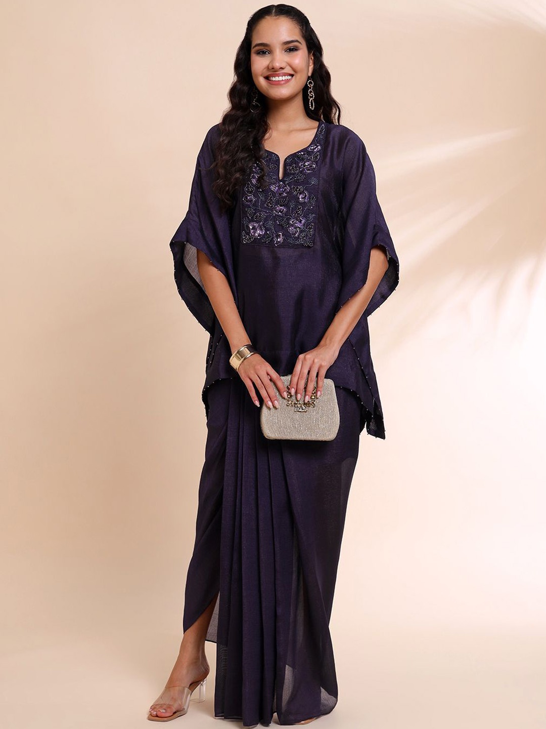 

RIRASA Ratika Ratika Embellished Notch Neck Top With Skirt, Purple