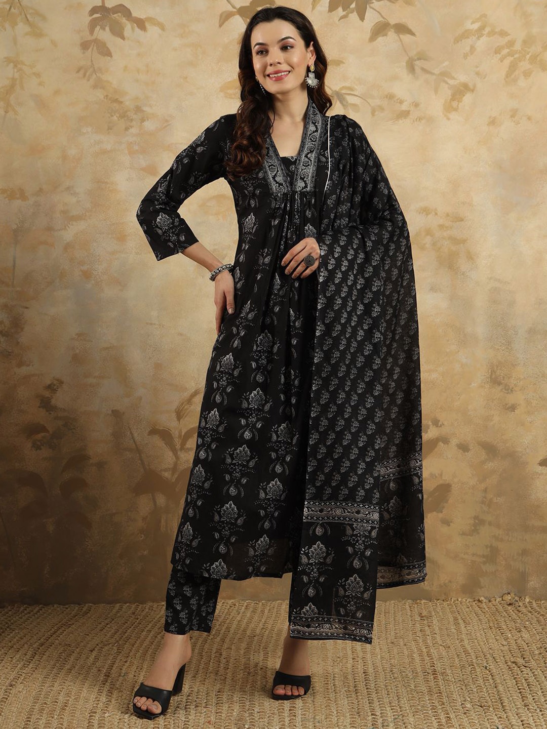 

KALINI Floral Printed Pure Cotton A-Line Kurta with Trousers & Dupatta, Black