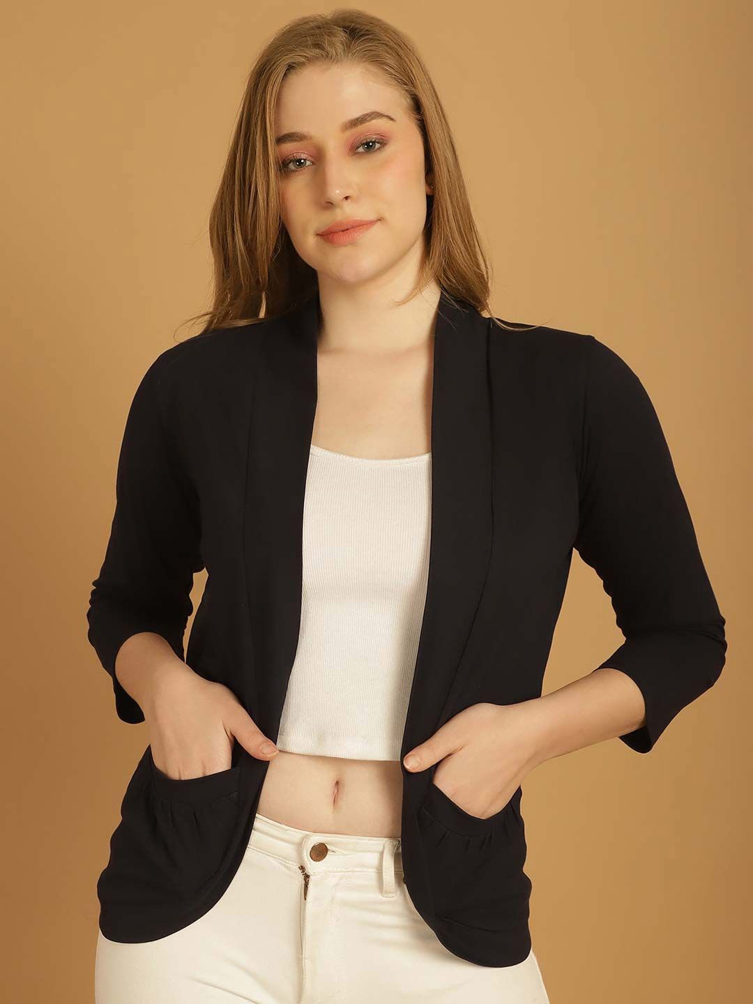 

urSense Gathers Detail Cotton Open Front Shrug, Black