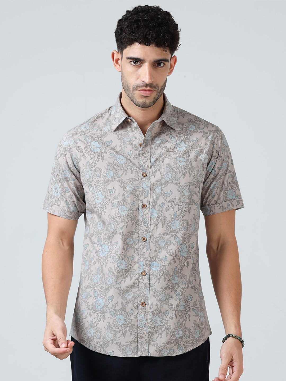 

THE FORMAL CLUB Men Floral Printed Cotton Shirt, Beige
