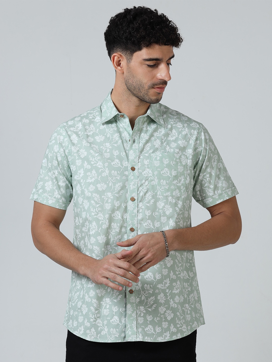 

THE FORMAL CLUB FLORAL PRINT Men Floral Printed Cotton Shirt, Sea green