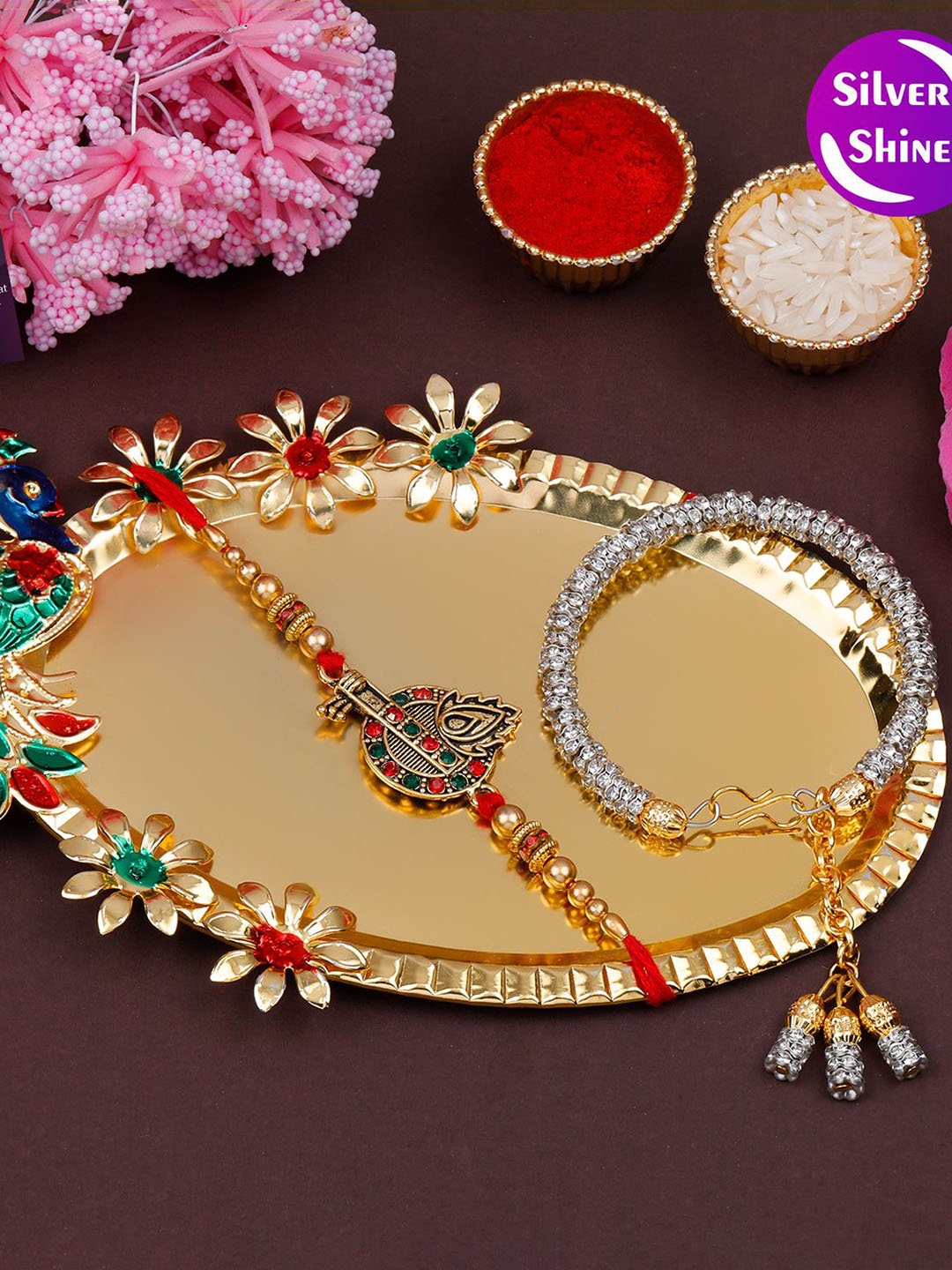 

Silver Shine Set Of 4 Bhaiya Bhabhi Rakhi With Roli Chawal Greeting Card & Pooja Thali, Gold