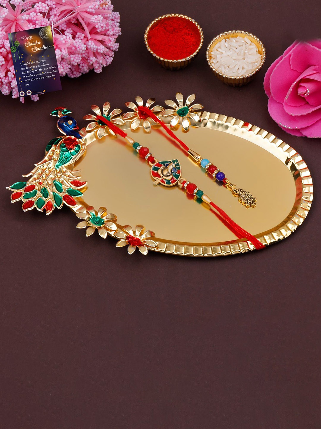 

Silver Shine Set Of 4 Bhaiya Bhabhi Rakhi With Roli Chawal Greeting Card & Pooja Thali, Gold