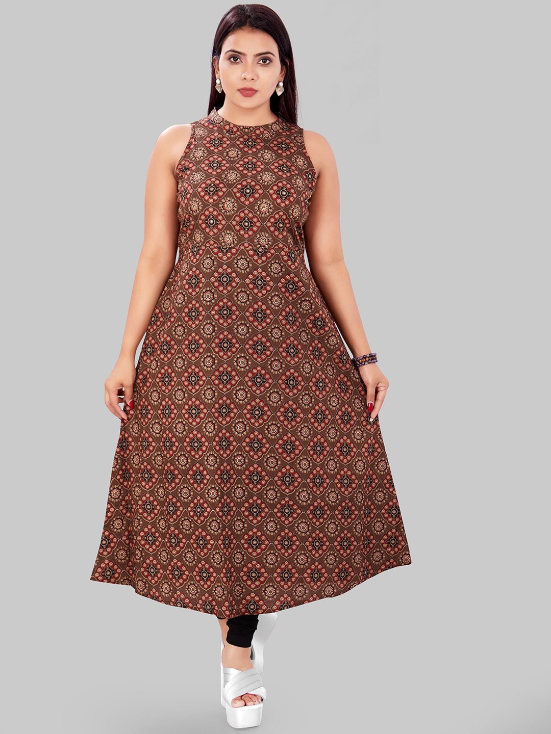 

COTTON CULTURE Ethnic Motifs Printed Round Neck Sleeveless A-Line Kurta, Brown