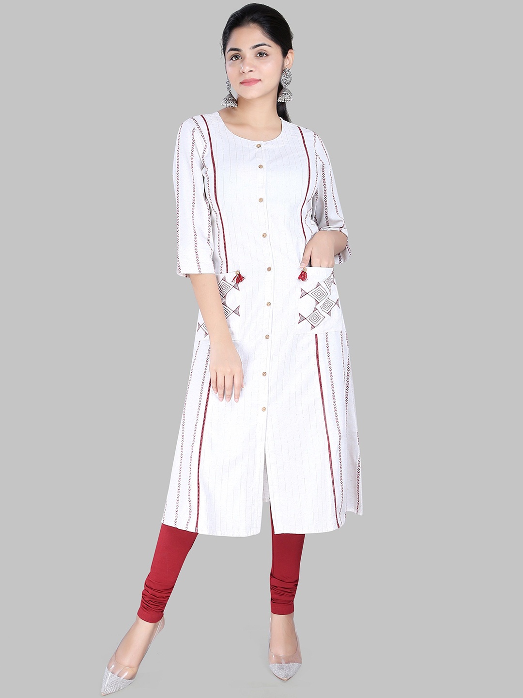 

COTTON CULTURE Thread Work Cotton A-Line Kurta, Cream