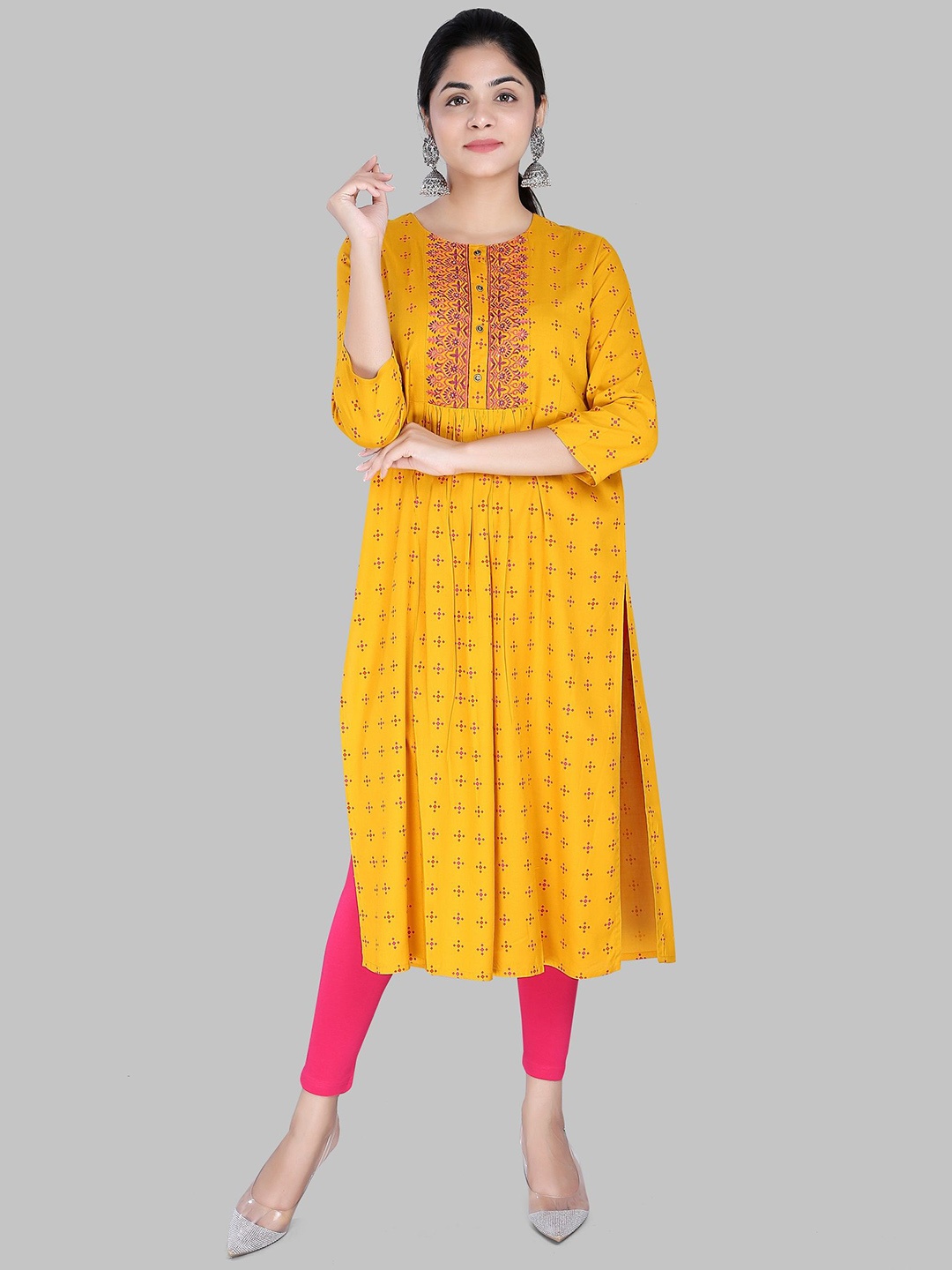 

COTTON CULTURE Floral Printed Thread Work Straight Kurta, Mustard