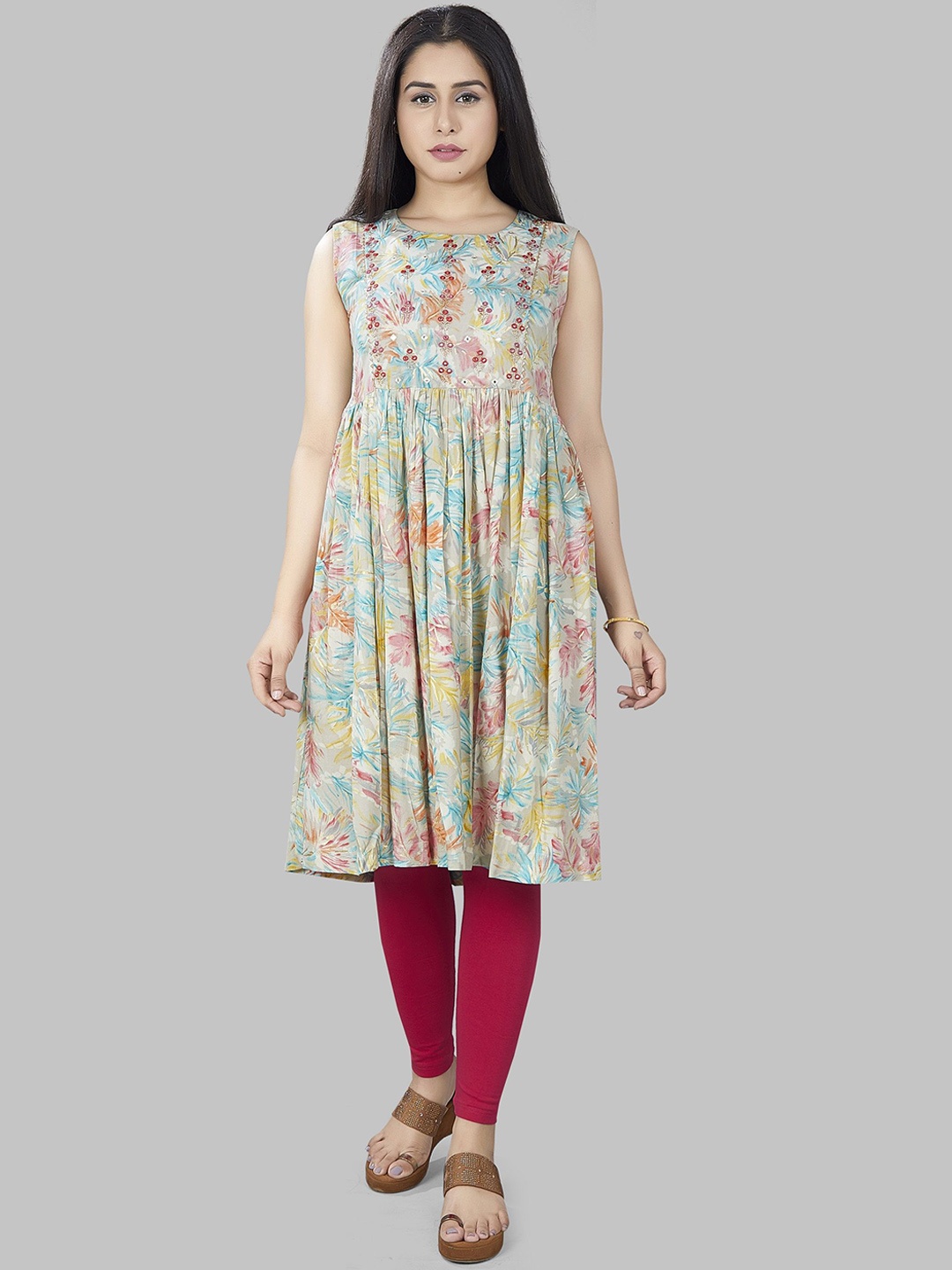 

COTTON CULTURE Floral Printed Mirror Work Cotton Empire Anarkali Kurta, Blue