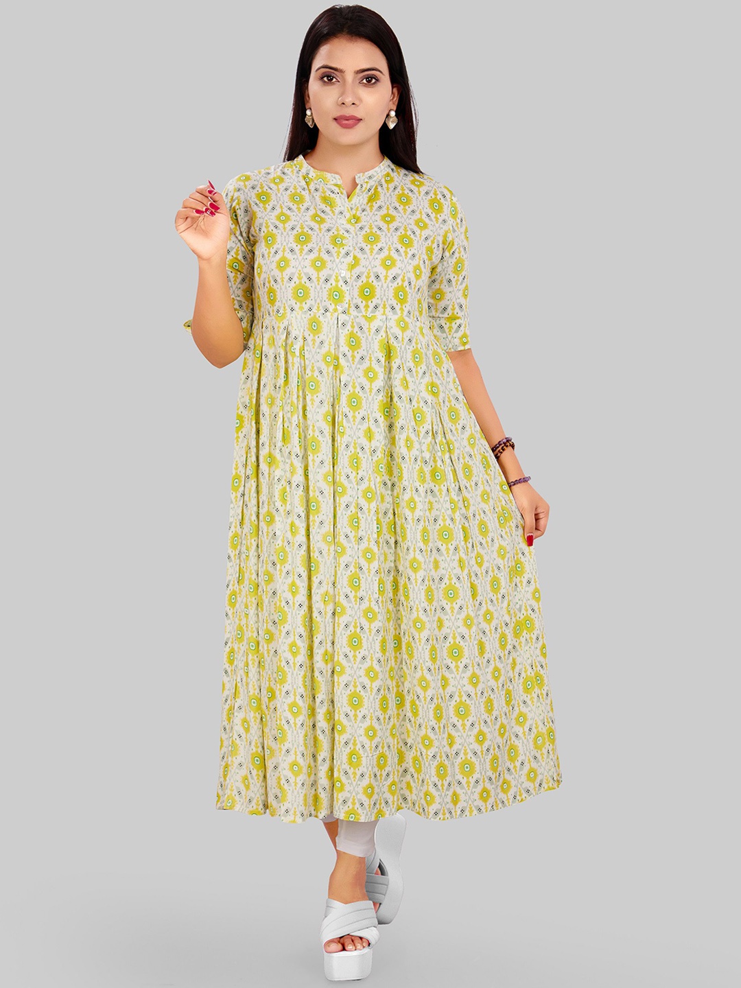 COTTON CULTURE Ethnic Motifs Printed Mandarin Collar Cotton Pleated Anarkali Kurta, Green