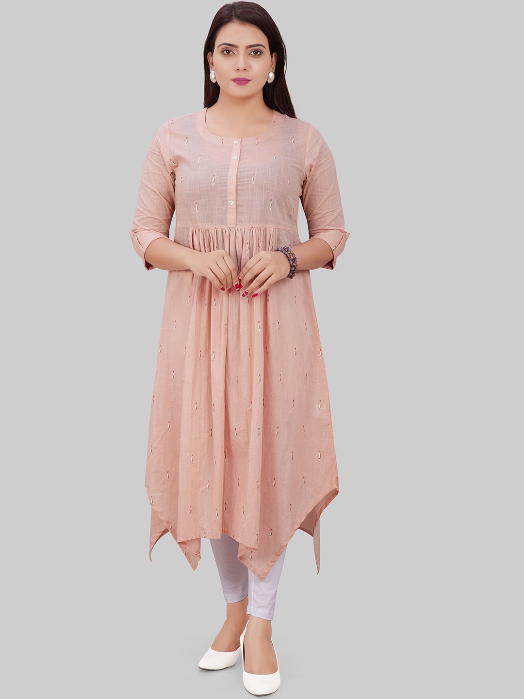 

COTTON CULTURE Geometric Embroidered Round Neck Thread Work Cotton Pleated Anarkali Kurta, Peach