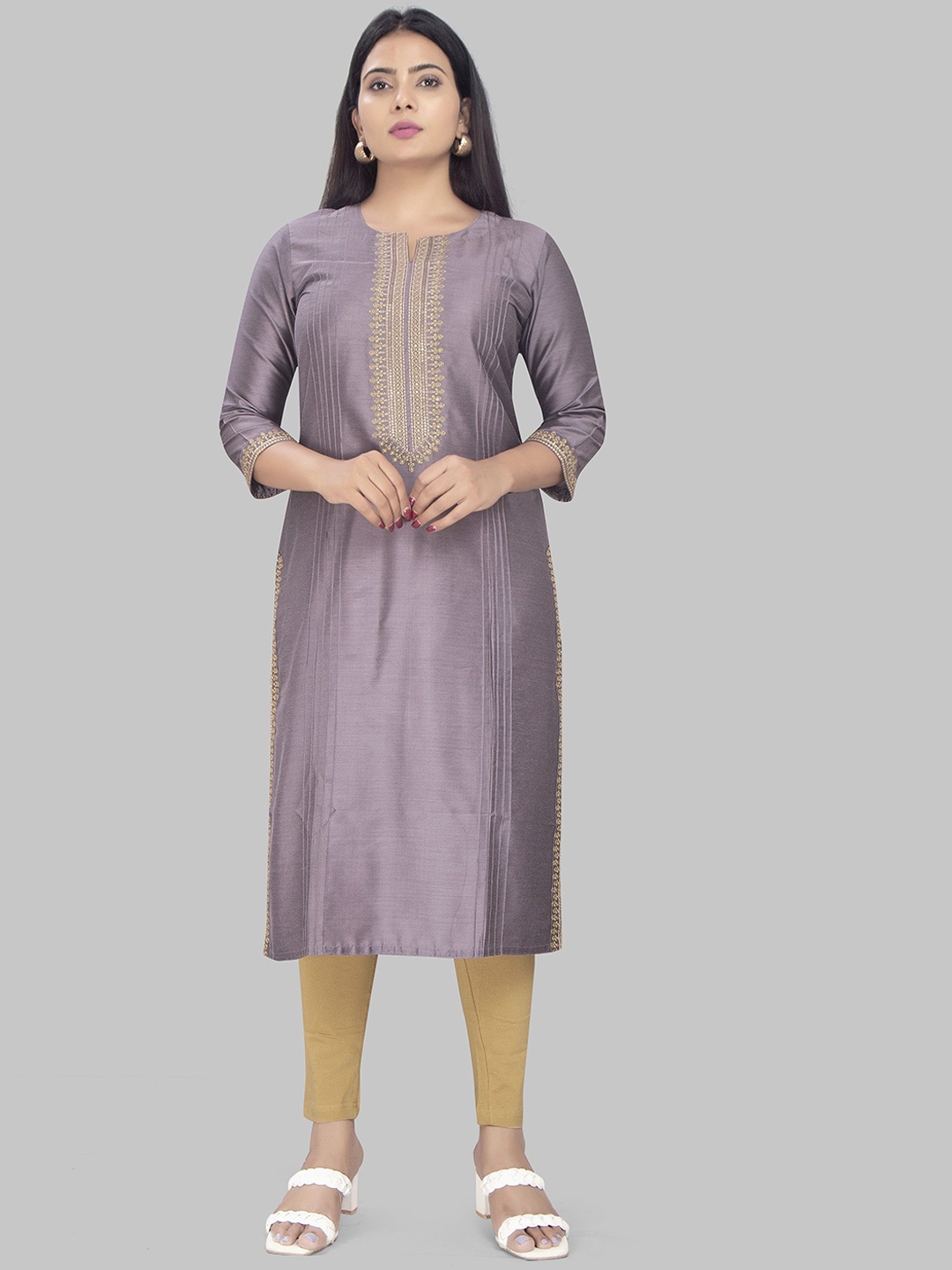 

COTTON CULTURE Floral Embroidered Thread Work Cotton Silk Straight Kurta, Brown