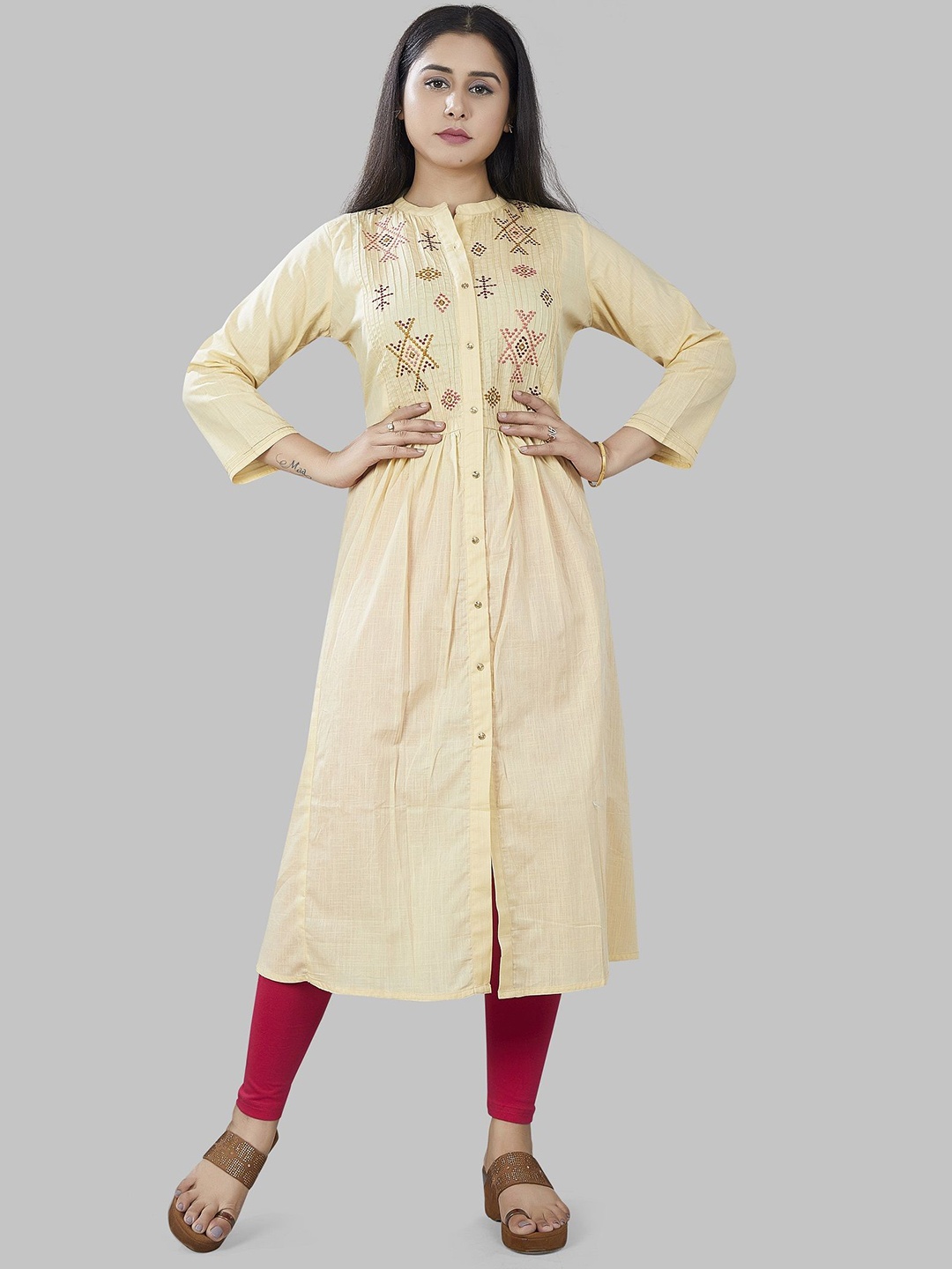 

COTTON CULTURE Geometric Embroidered Thread Work Cotton A-Line Kurta, Yellow