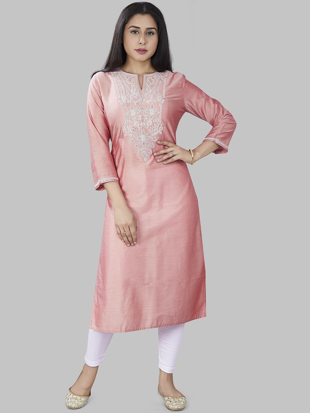 

COTTON CULTURE Floral Embroidered Thread Work Cotton Silk Straight Kurta, Peach