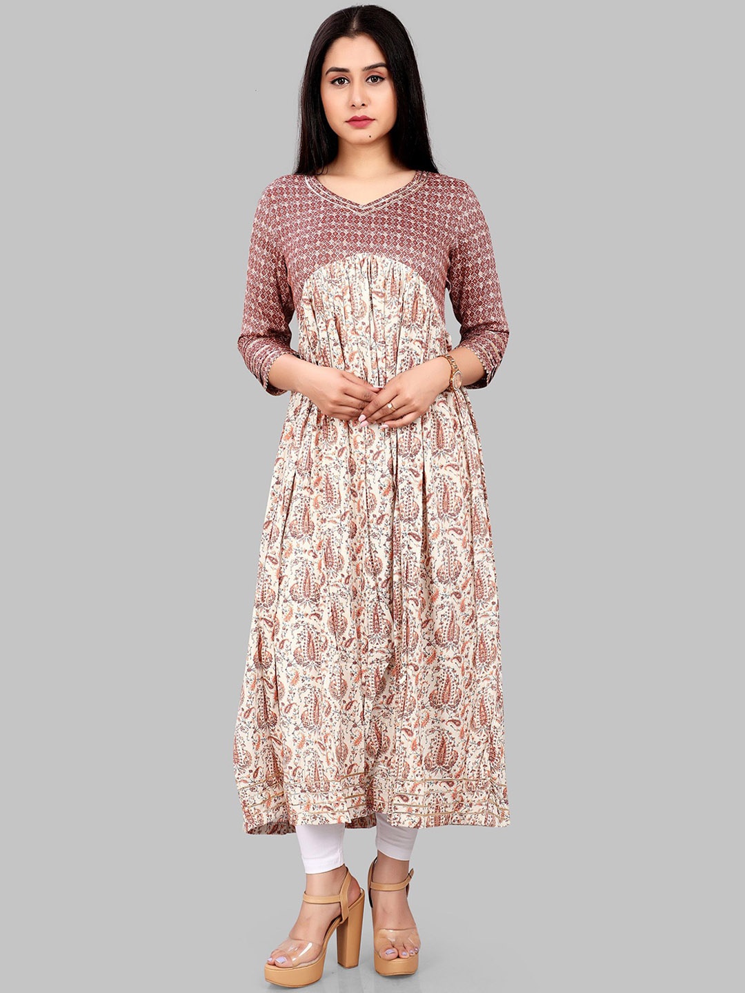 

COTTON CULTURE Paisley Printed V-Neck Cotton A-Line Kurta, Cream