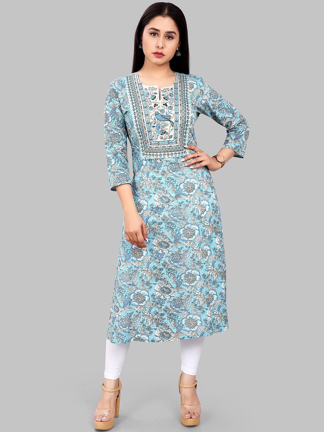 

COTTON CULTURE Floral Printed Thread Work Jaipuri Cotton Straight Kurta, Blue