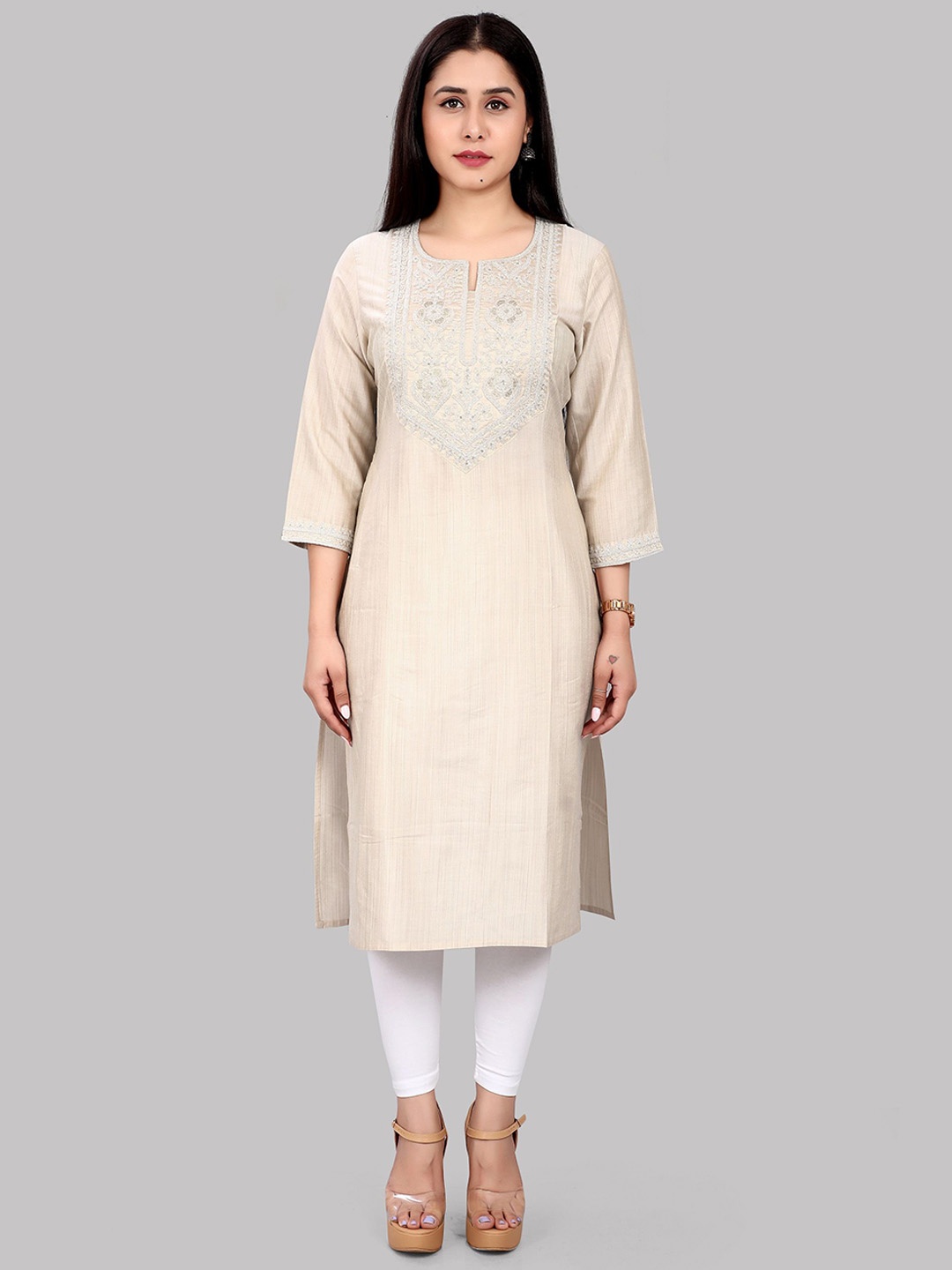 

COTTON CULTURE Floral Yoke Design Thread Work Cotton Silk Straight Kurta, Cream