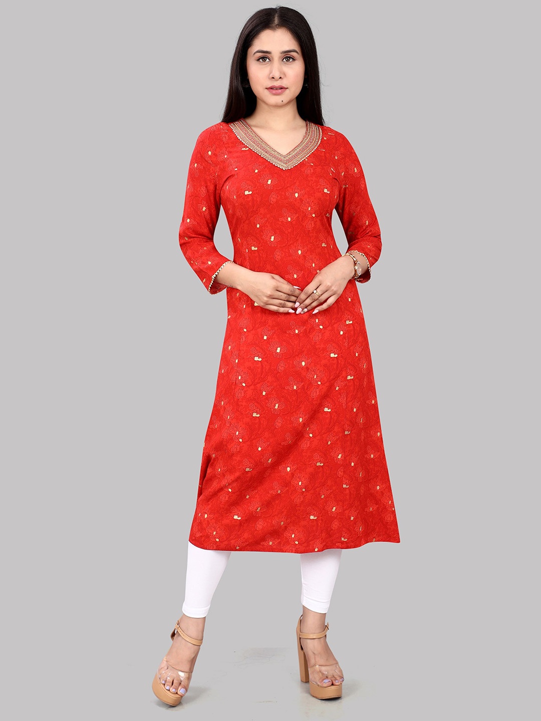 

COTTON CULTURE Women Embroidered Flared Sleeves Thread Work Kurta, Red