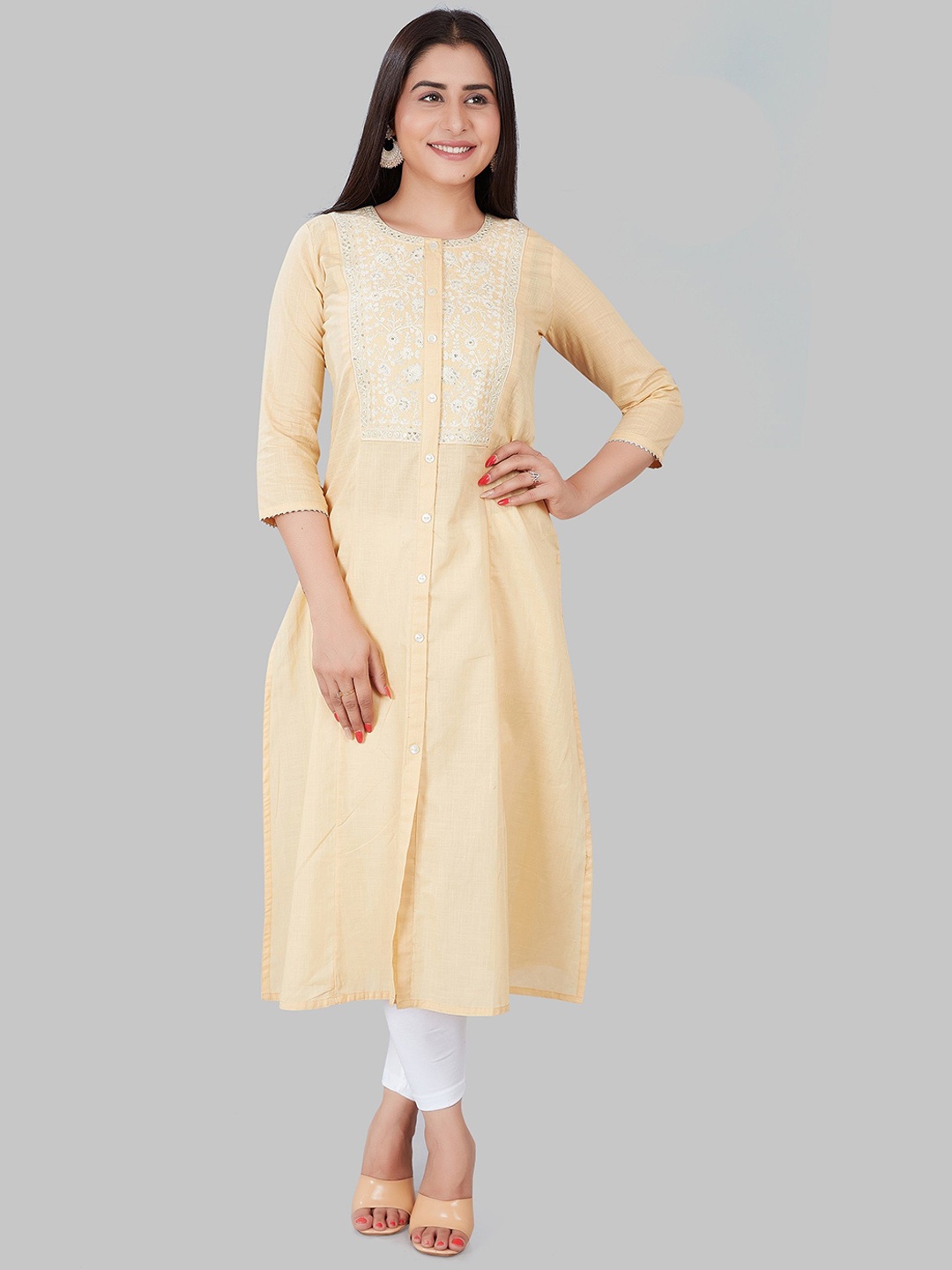 

COTTON CULTURE Floral Yoke Design Thread Work Cotton Straight Kurta, Beige