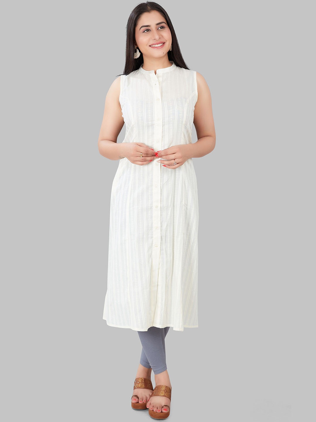 

COTTON CULTURE Striped Mandarin Collar Sleeveless Cotton A-Line Kurta, Off white