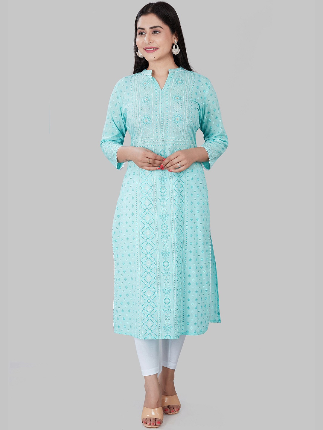 

COTTON CULTURE Ethnic Motifs Printed Thread Work Cotton Straight Kurta, Turquoise blue
