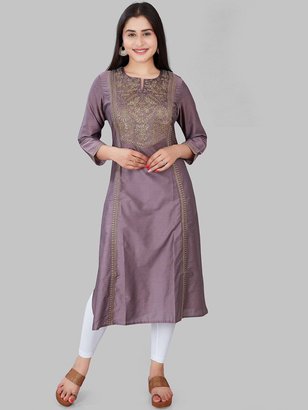 

COTTON CULTURE Floral Embroidered Thread Work Chanderi Cotton Straight Kurta, Brown
