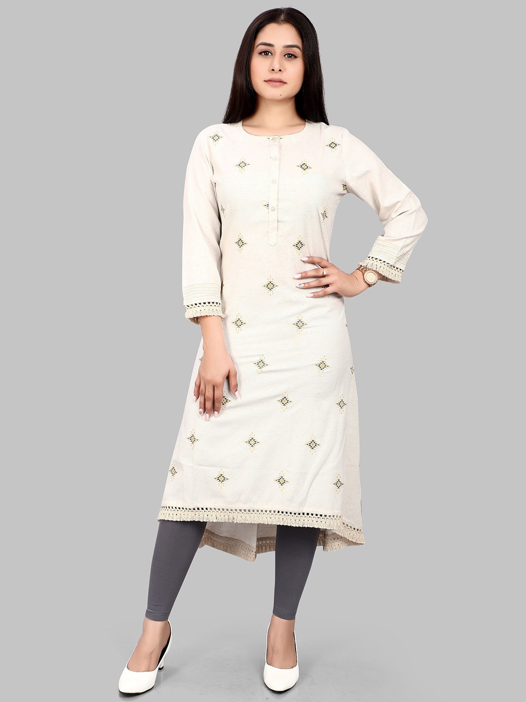 

COTTON CULTURE Geometric Embroidered Thread Work Cotton A-Line Kurta, Off white