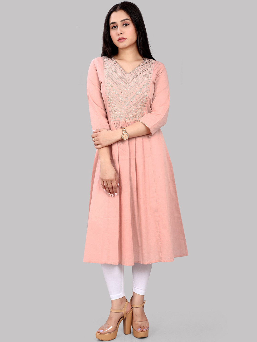 

COTTON CULTURE Floral Yoke Design Thread Work Cotton Pleated A-Line Kurta, Peach
